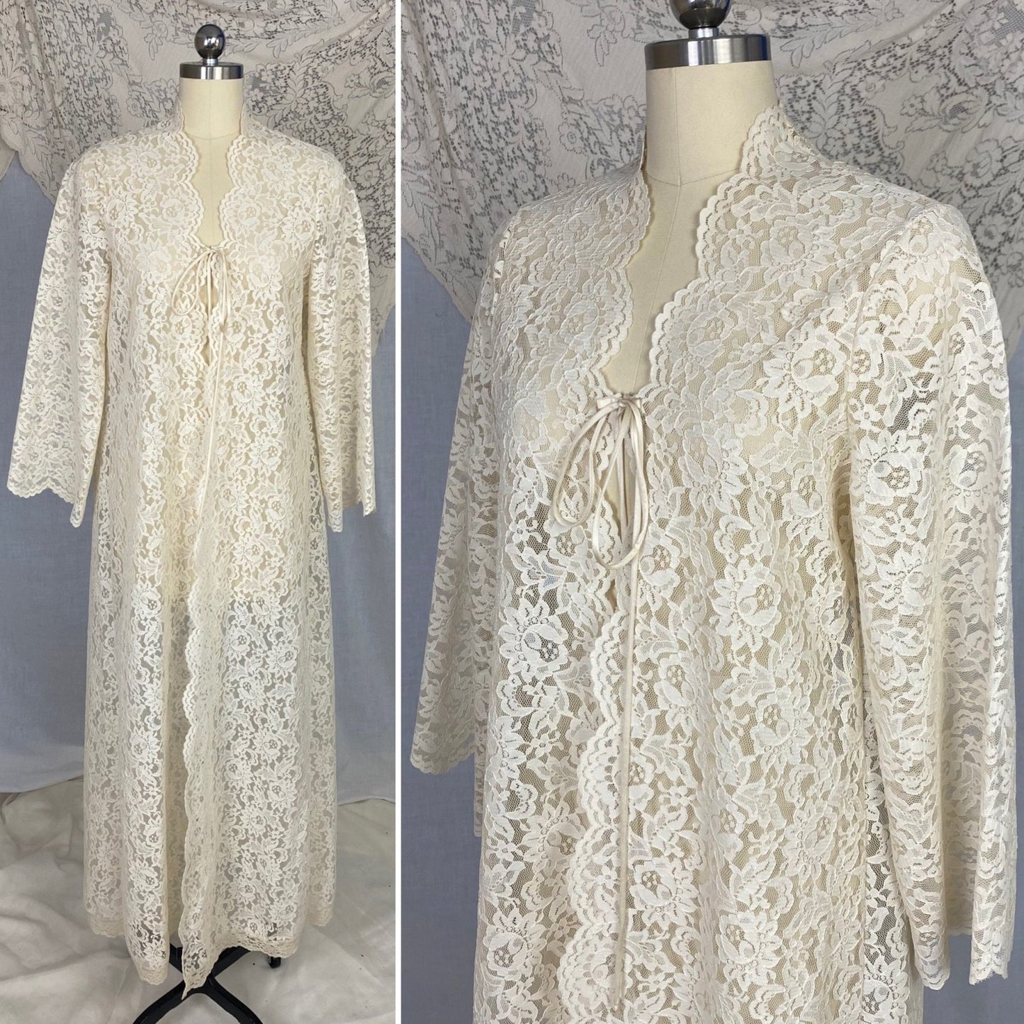 Vintage 1970's Peignoir Robe | Ivory Cream Floral Lace with High Neck & Wide Sleeves | Size S - Daggers & Dames