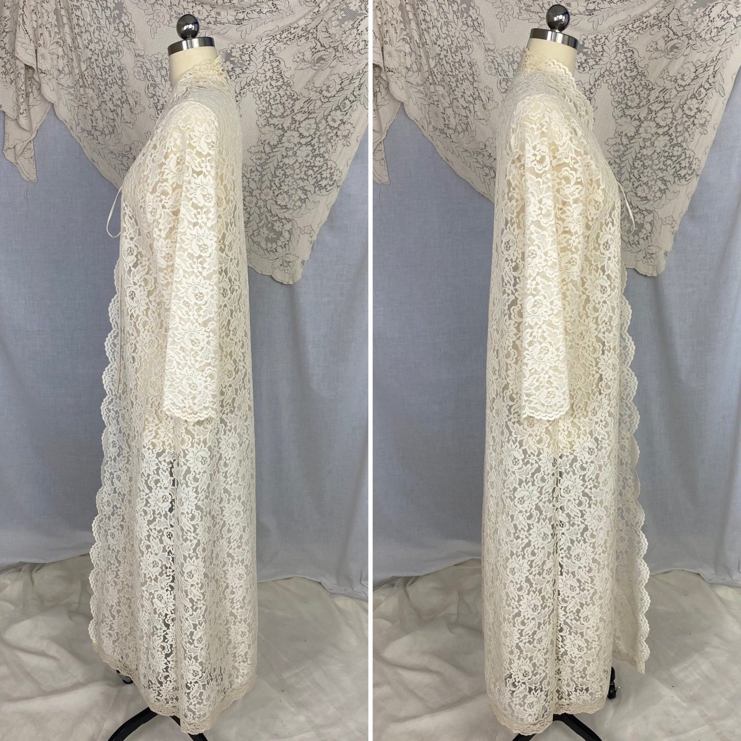 Vintage 1970's Peignoir Robe | Ivory Cream Floral Lace with High Neck & Wide Sleeves | Size S - Daggers & Dames