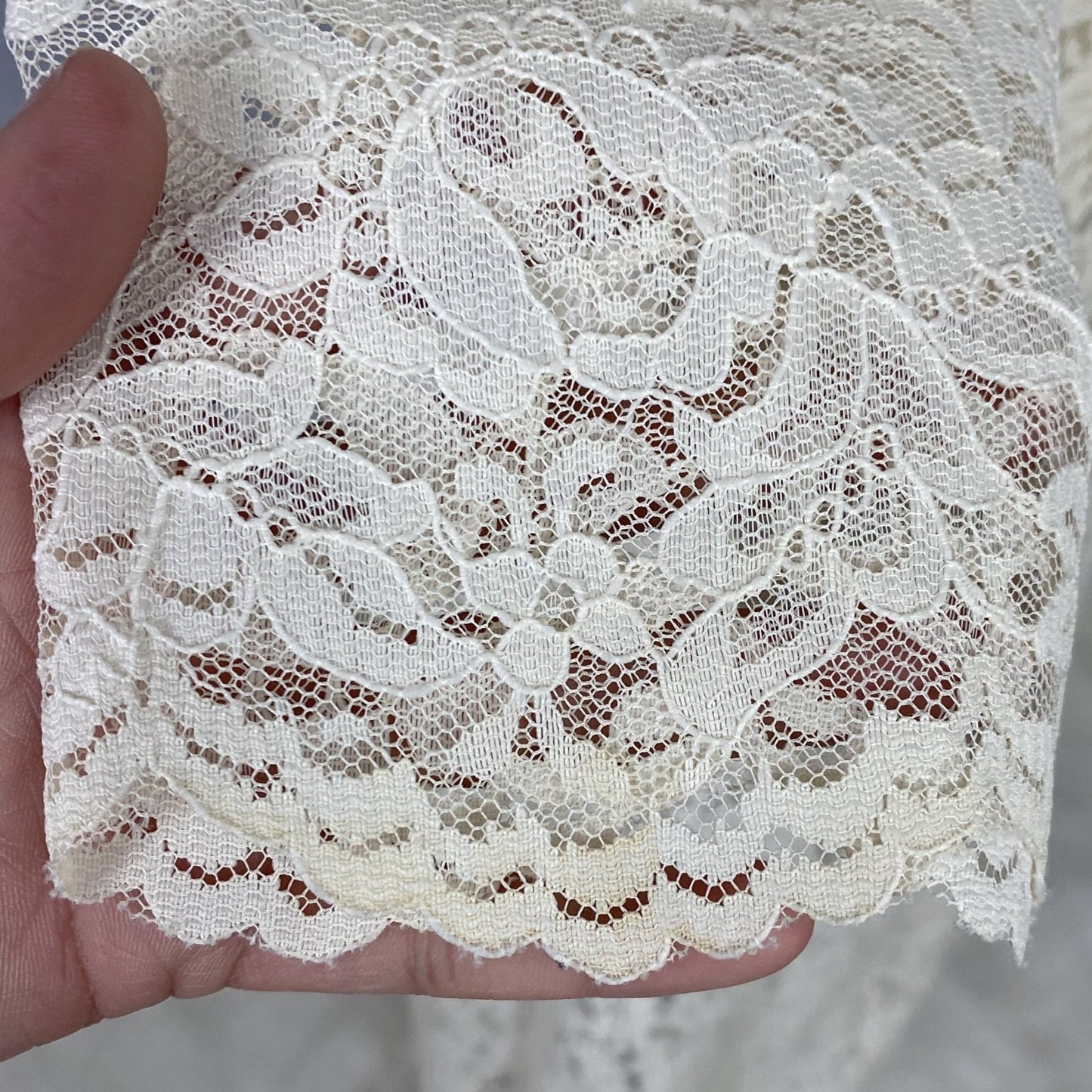 Vintage 1970's Peignoir Robe | Ivory Cream Floral Lace with High Neck & Wide Sleeves | Size S - Daggers & Dames