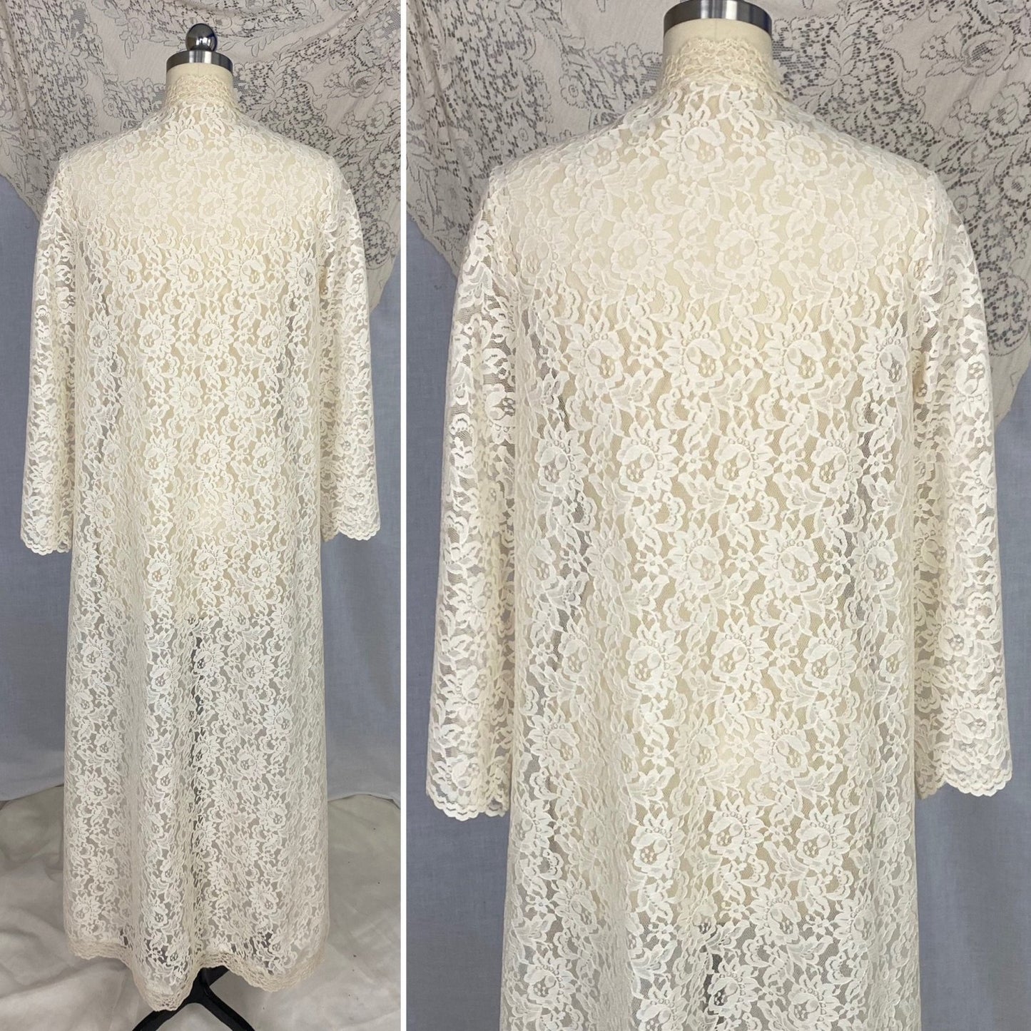 Vintage 1970's Peignoir Robe | Ivory Cream Floral Lace with High Neck & Wide Sleeves | Size S - Daggers & Dames