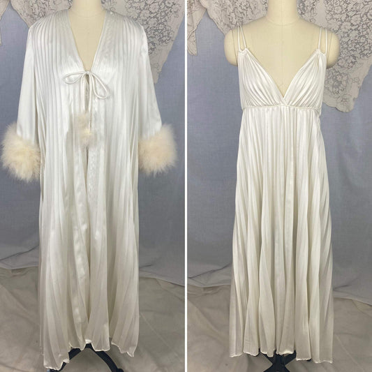 Vintage 1970's Peignoir Set | Lunar White Pleated Satin with Marabou Feather Trim | Size 34-38 Bust, S, M, LG | Odette Barsa - Daggers & Dames