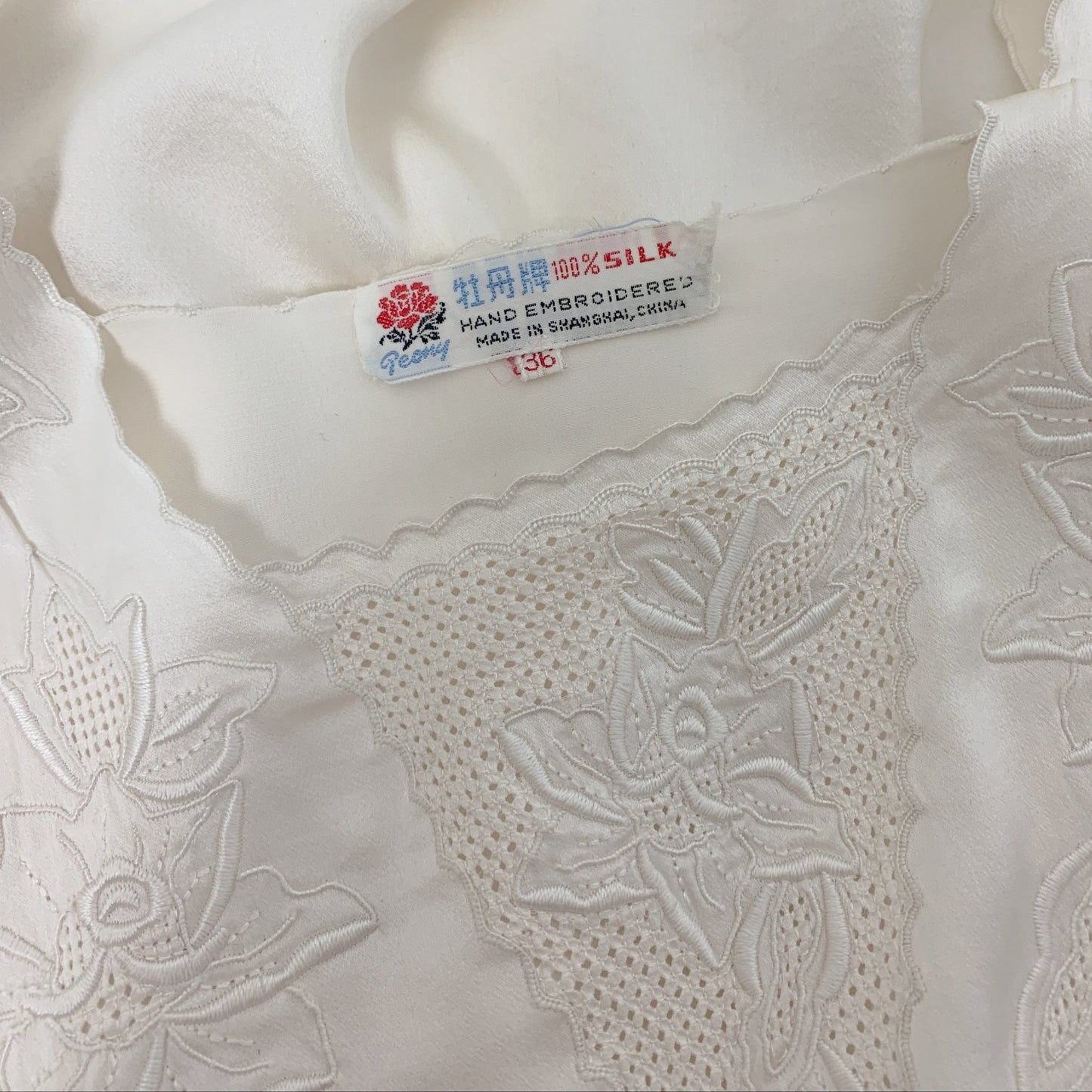Vintage 1970's Peignoir Set | Snow White Silk Satin with Rose Embroidery | Size M | Peony, Shanghai China - Daggers & Dames
