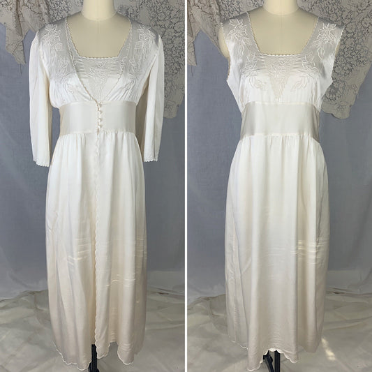 Vintage 1970's Peignoir Set | Snow White Silk Satin with Rose Embroidery | Size M | Peony, Shanghai China - Daggers & Dames