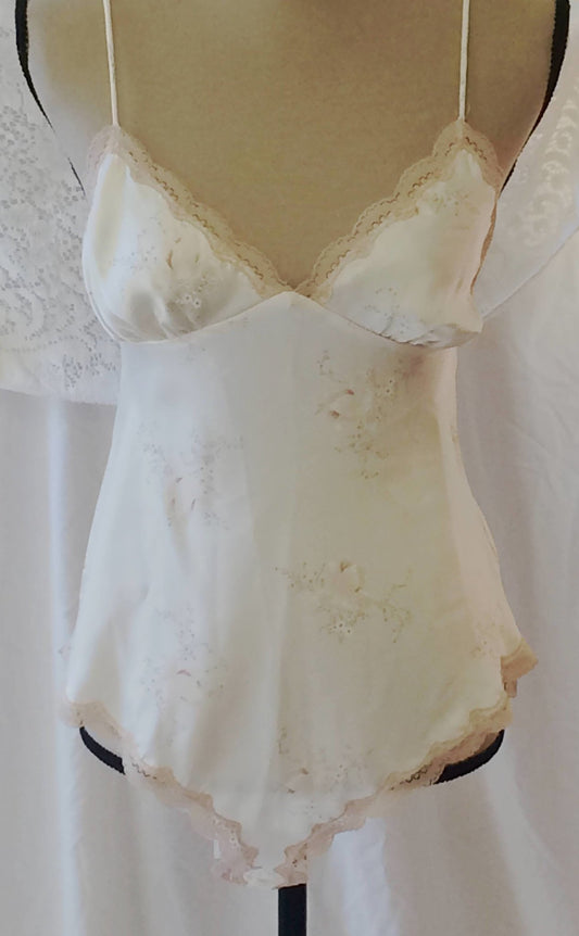 Vintage 1970's Teddy Romper | Silky Ivory Polyester with Floral Pattern | Bridal Lingerie| Val Mode | Size SM - Daggers & Dames