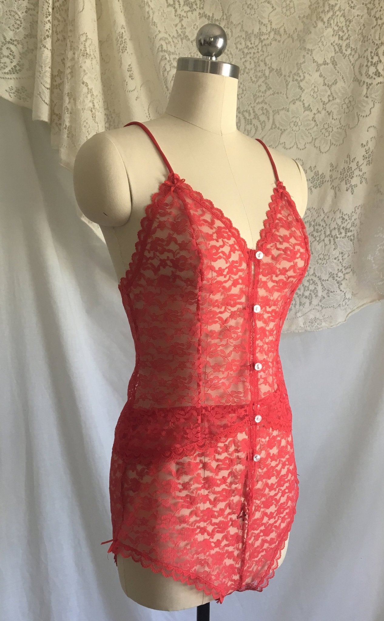 Vintage 1980's Pajama Set | Size XS | Sheer Bright Red Lace with White Buttons & Satin Bows - Daggers & Dames