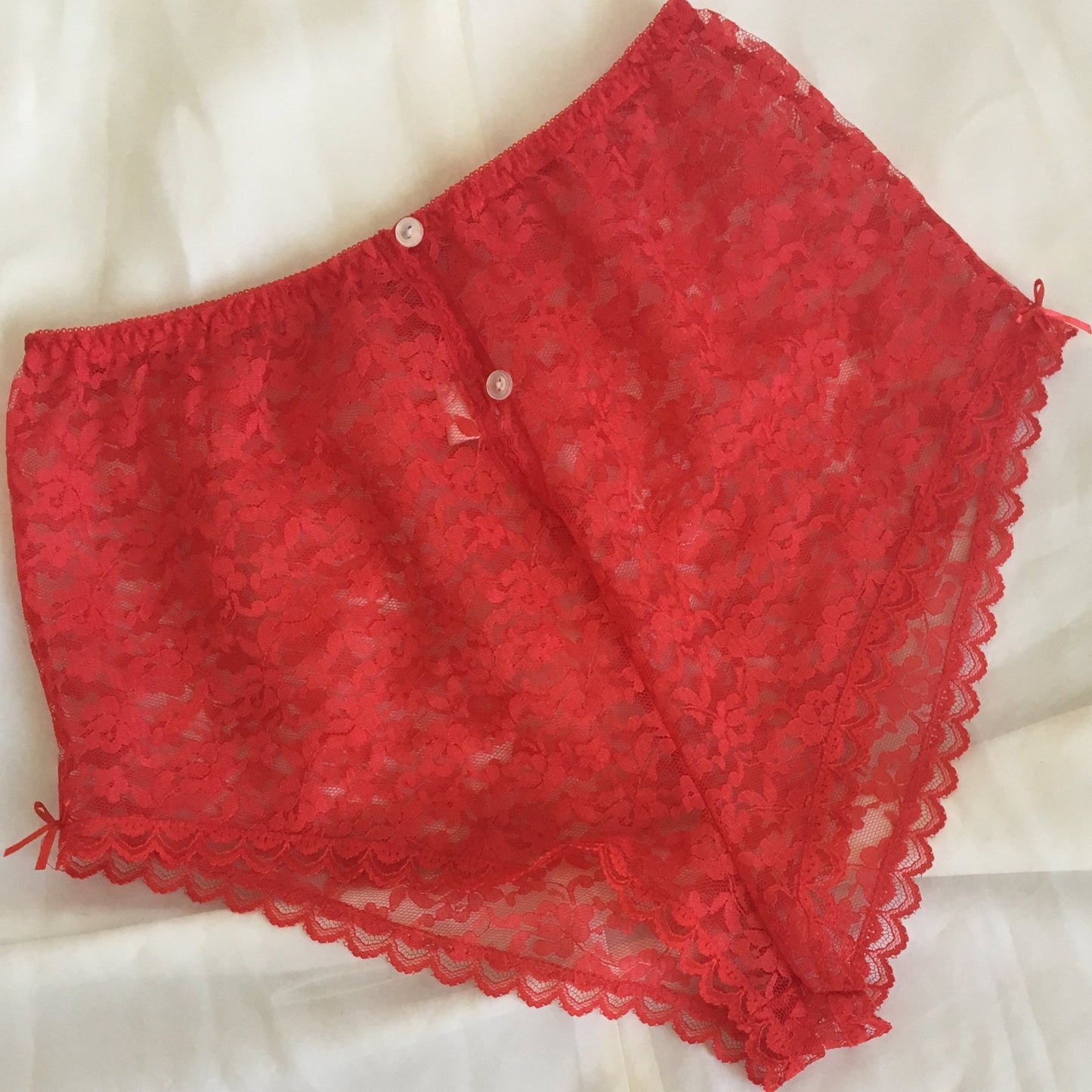 Vintage 1980's Pajama Set | Size XS | Sheer Bright Red Lace with White Buttons & Satin Bows - Daggers & Dames