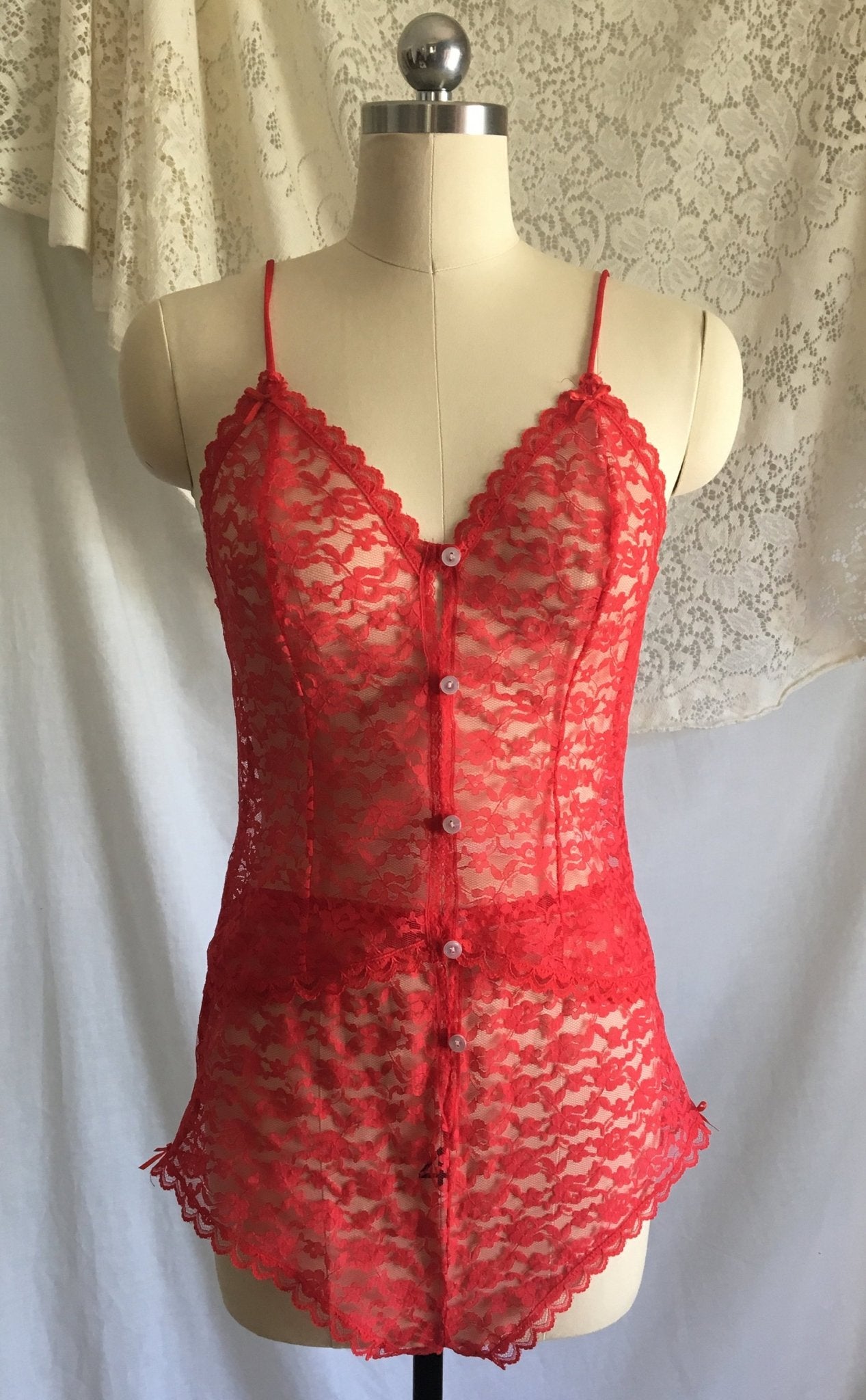Vintage 1980's Pajama Set | Size XS | Sheer Bright Red Lace with White Buttons & Satin Bows - Daggers & Dames