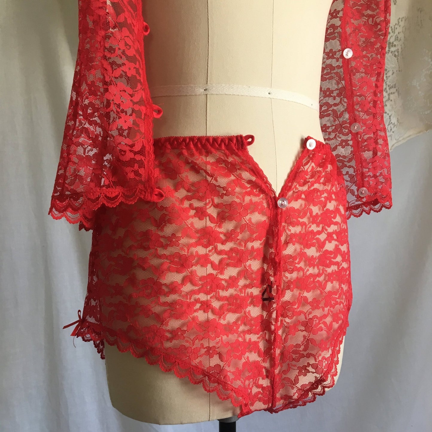 Vintage 1980's Pajama Set | Size XS | Sheer Bright Red Lace with White Buttons & Satin Bows - Daggers & Dames