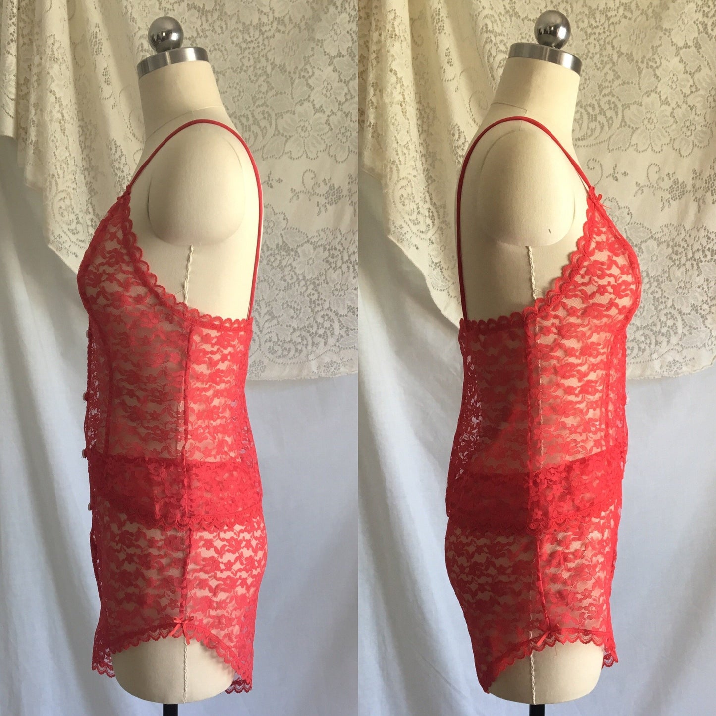 Vintage 1980's Pajama Set | Size XS | Sheer Bright Red Lace with White Buttons & Satin Bows - Daggers & Dames