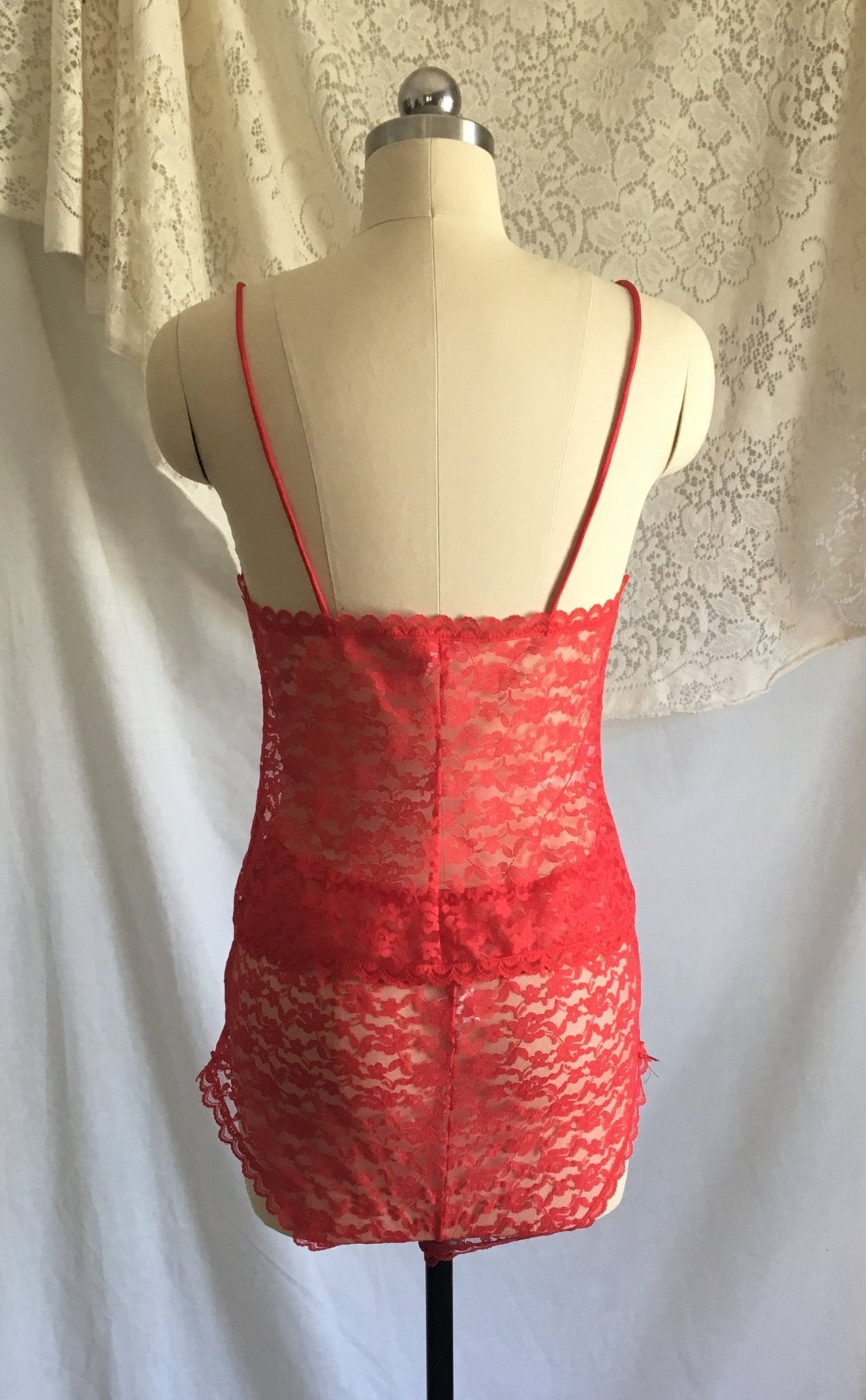 Vintage 1980's Pajama Set | Size XS | Sheer Bright Red Lace with White Buttons & Satin Bows - Daggers & Dames