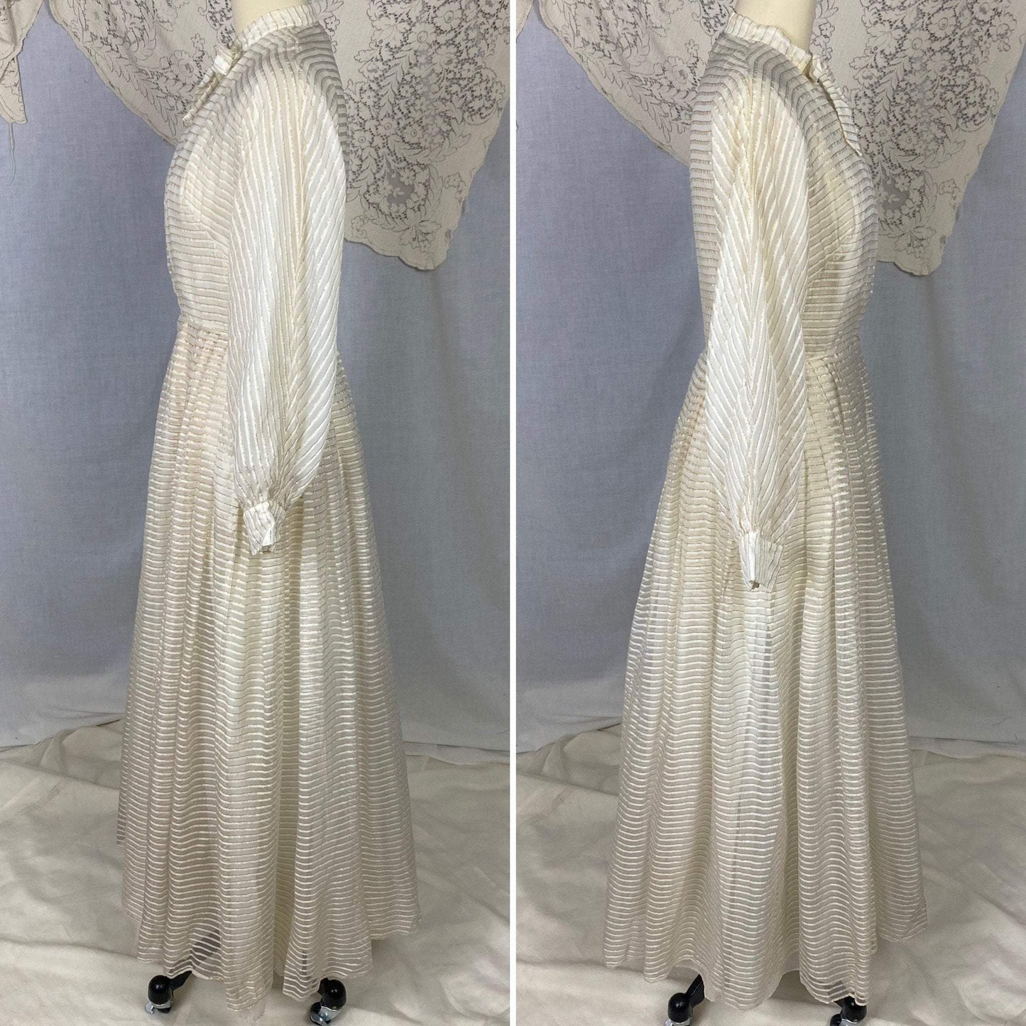 Vintage Hostess Gown - 1950's | White Organza with Gold Pinsripes & Pussy Bow | Size XS, S | Maxan - Daggers & Dames