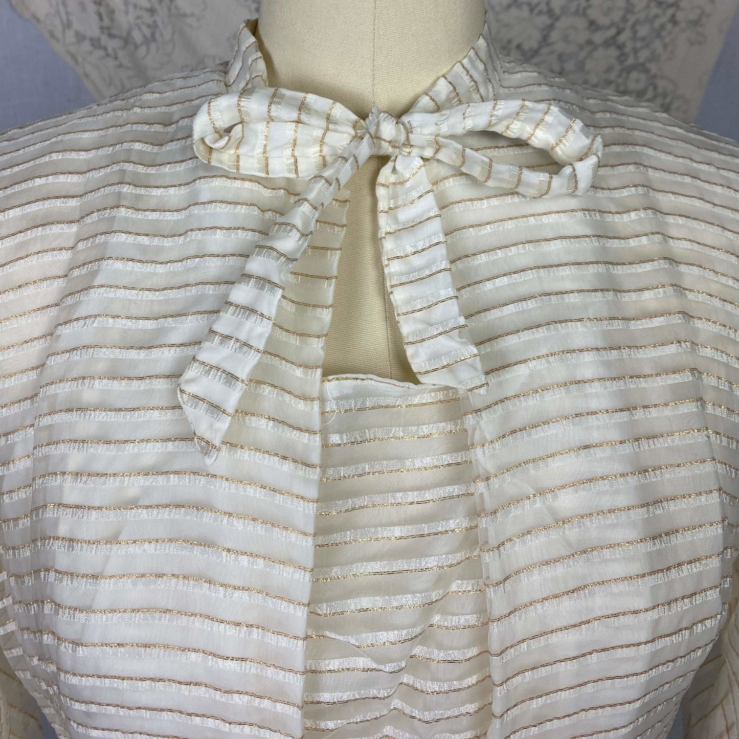 Vintage Hostess Gown - 1950's | White Organza with Gold Pinsripes & Pussy Bow | Size XS, S | Maxan - Daggers & Dames