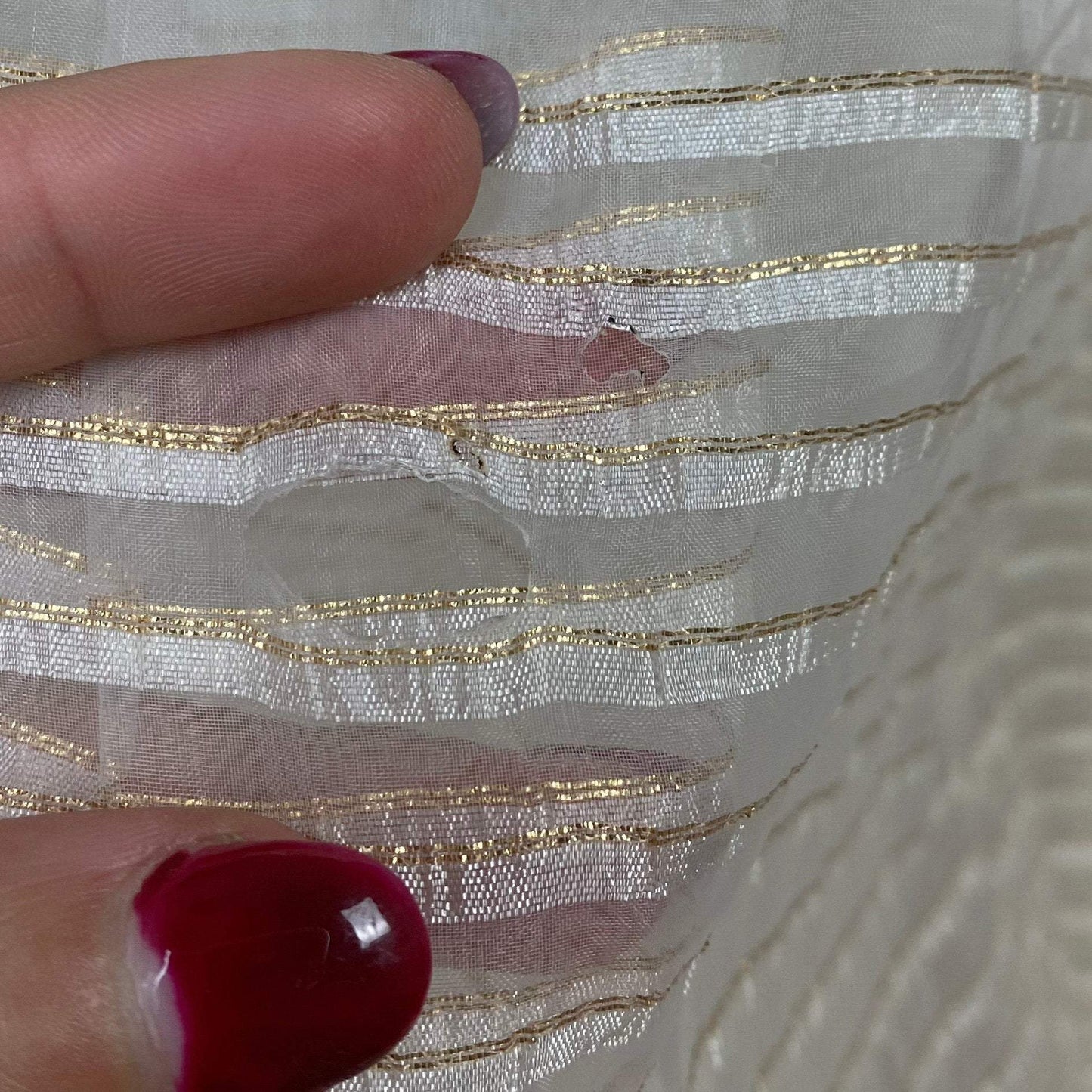 Vintage Hostess Gown - 1950's | White Organza with Gold Pinsripes & Pussy Bow | Size XS, S | Maxan - Daggers & Dames
