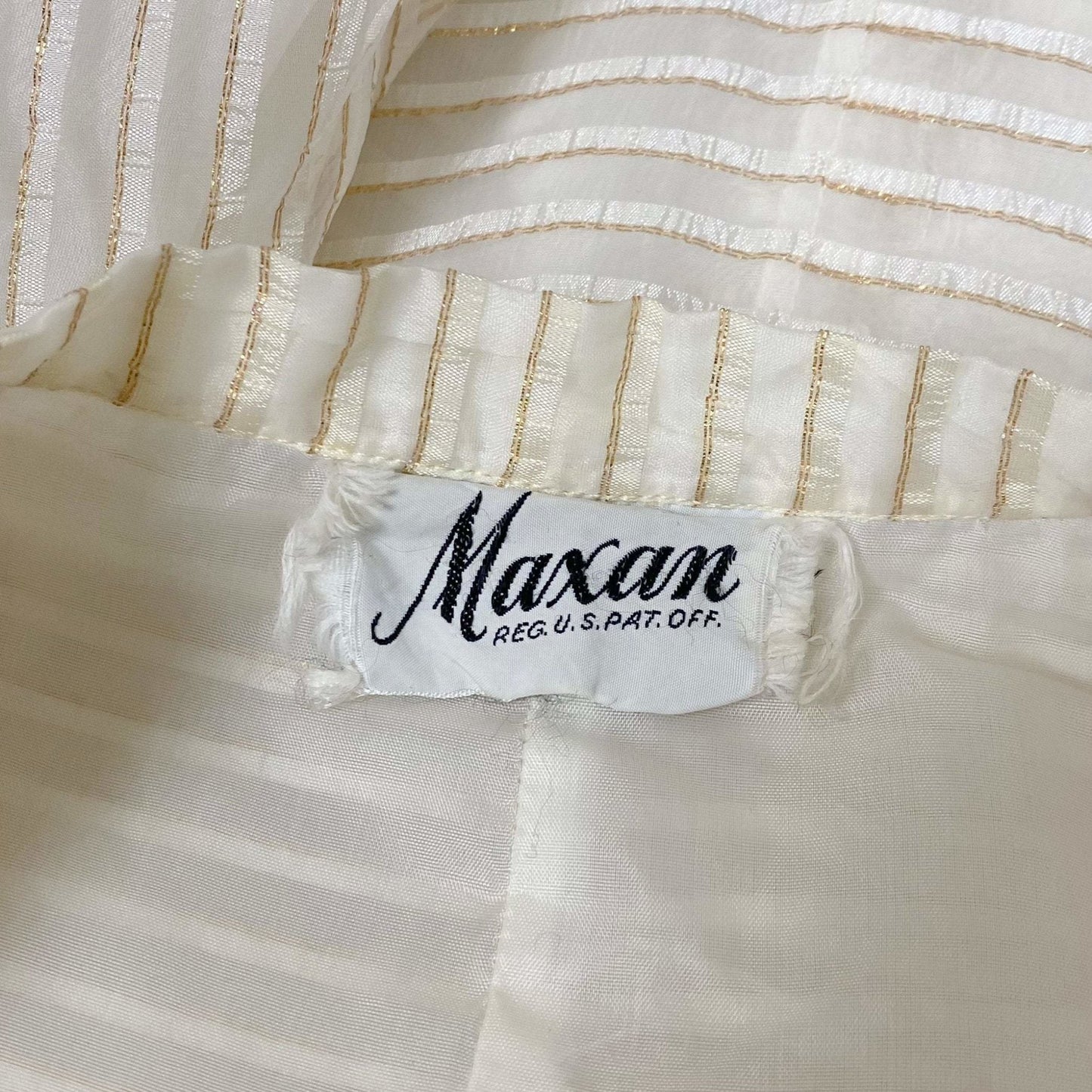 Vintage Hostess Gown - 1950's | White Organza with Gold Pinsripes & Pussy Bow | Size XS, S | Maxan - Daggers & Dames