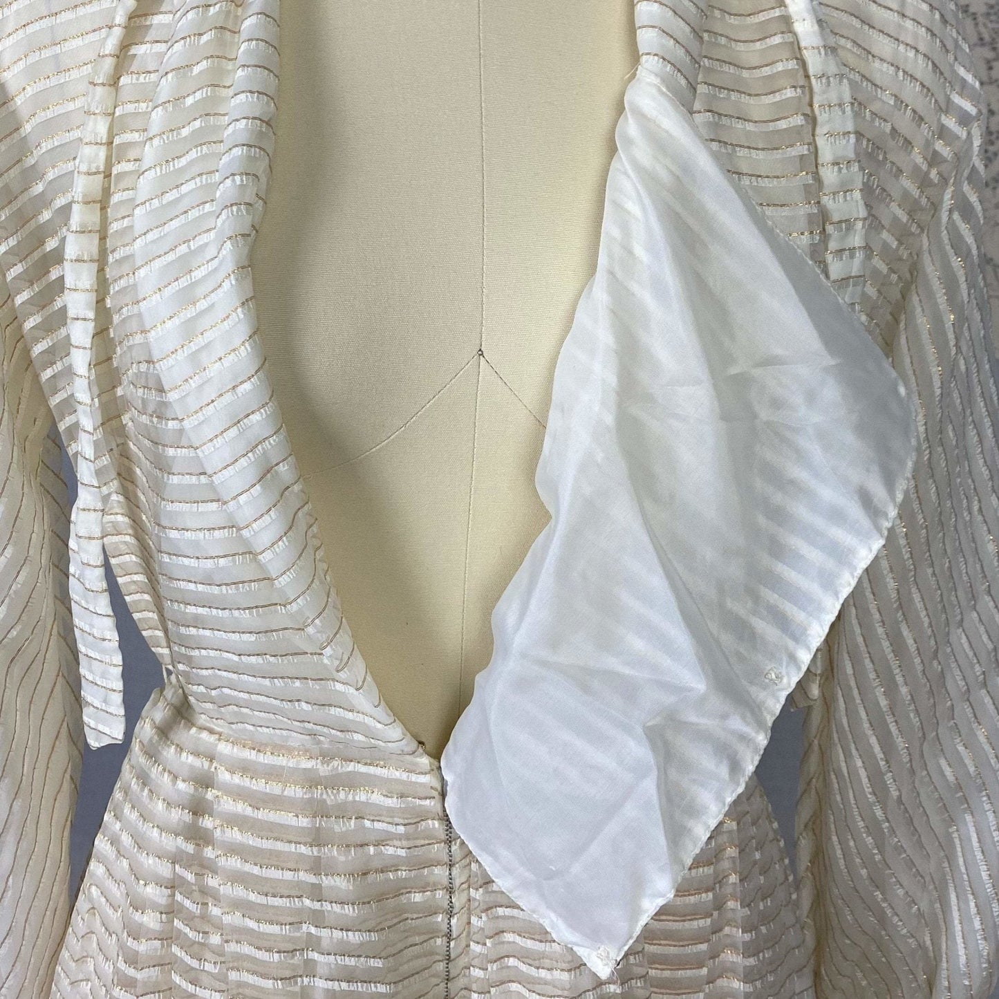Vintage Hostess Gown - 1950's | White Organza with Gold Pinsripes & Pussy Bow | Size XS, S | Maxan - Daggers & Dames