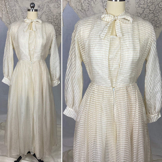 Vintage Hostess Gown - 1950's | White Organza with Gold Pinsripes & Pussy Bow | Size XS, S | Maxan - Daggers & Dames