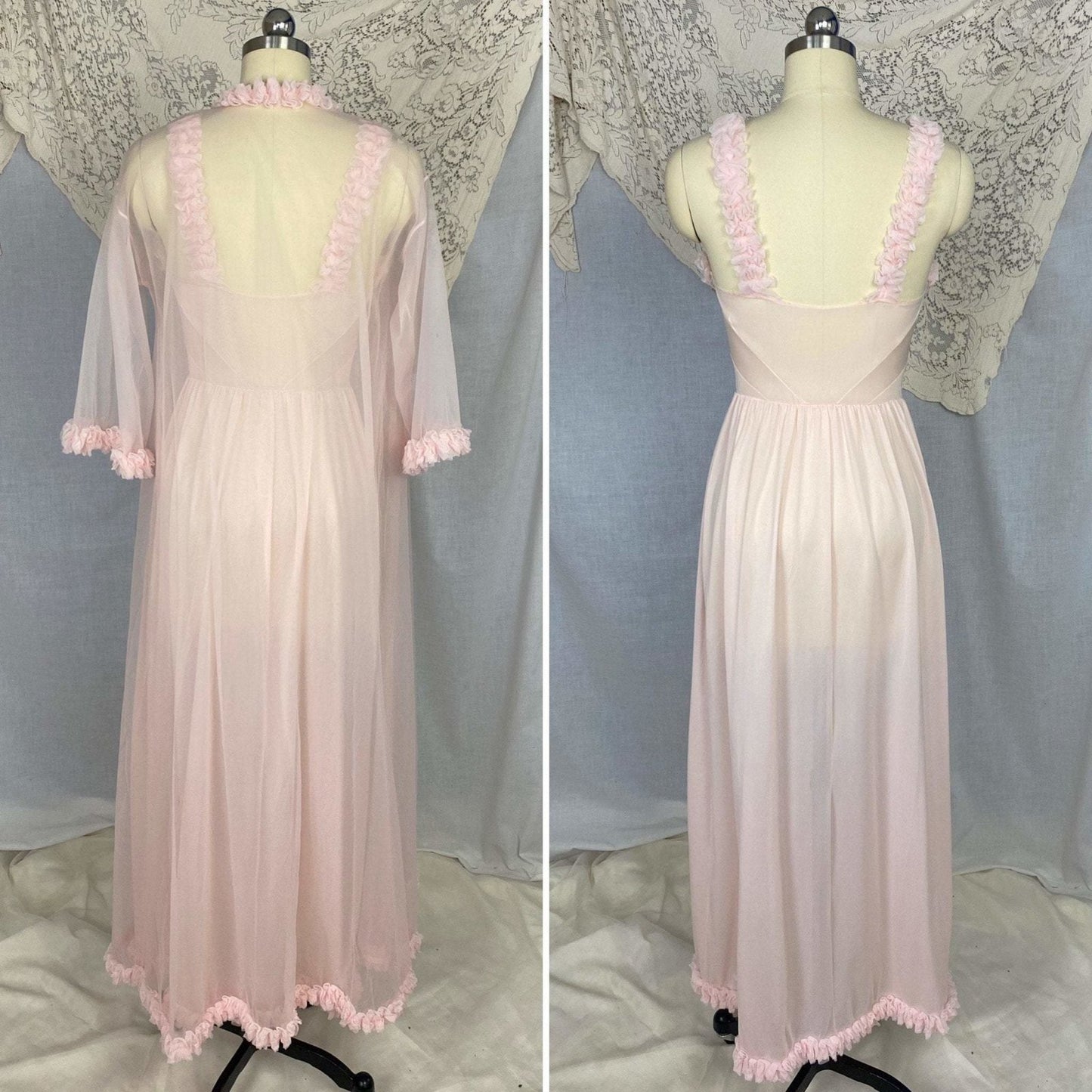 Vintage Peignoir Set | Princess Pink Nylon Chiffon with Ruffles | Size XS, S | Pandora Lingerie - Daggers & Dames