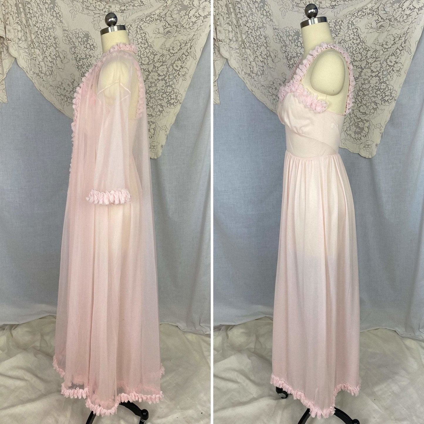 Vintage Peignoir Set | Princess Pink Nylon Chiffon with Ruffles | Size XS, S | Pandora Lingerie - Daggers & Dames
