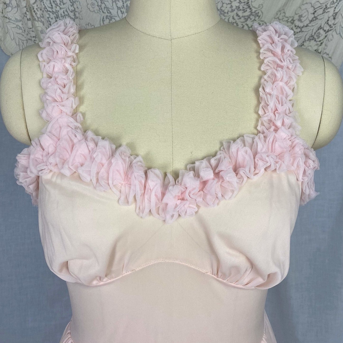 Vintage Peignoir Set | Princess Pink Nylon Chiffon with Ruffles | Size XS, S | Pandora Lingerie - Daggers & Dames