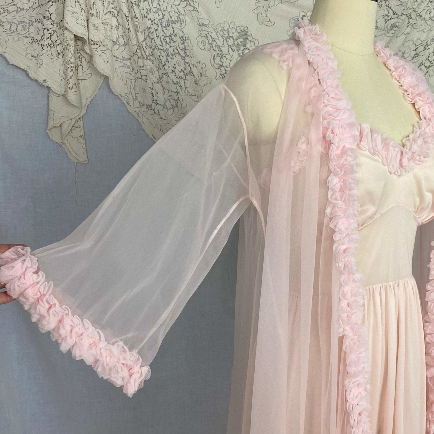 Vintage Peignoir Set | Princess Pink Nylon Chiffon with Ruffles | Size XS, S | Pandora Lingerie - Daggers & Dames