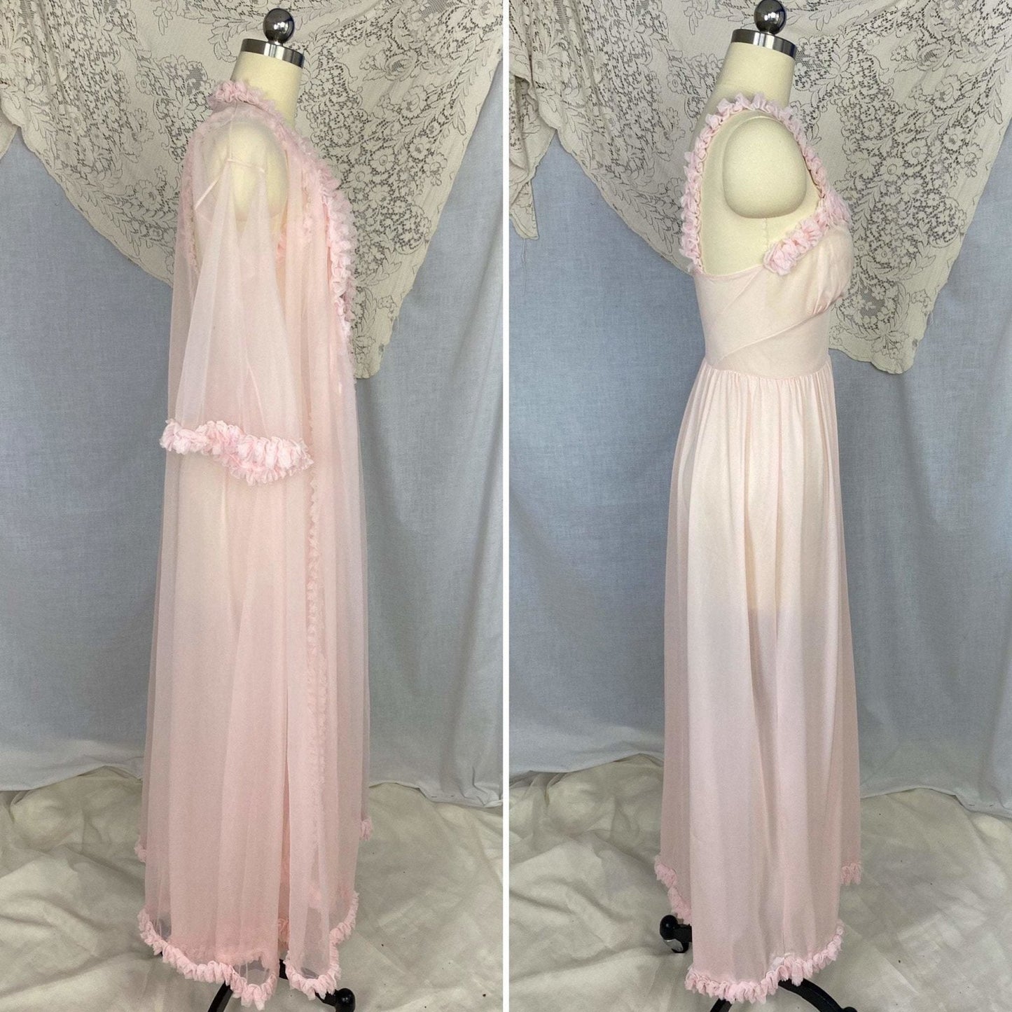 Vintage Peignoir Set | Princess Pink Nylon Chiffon with Ruffles | Size XS, S | Pandora Lingerie - Daggers & Dames