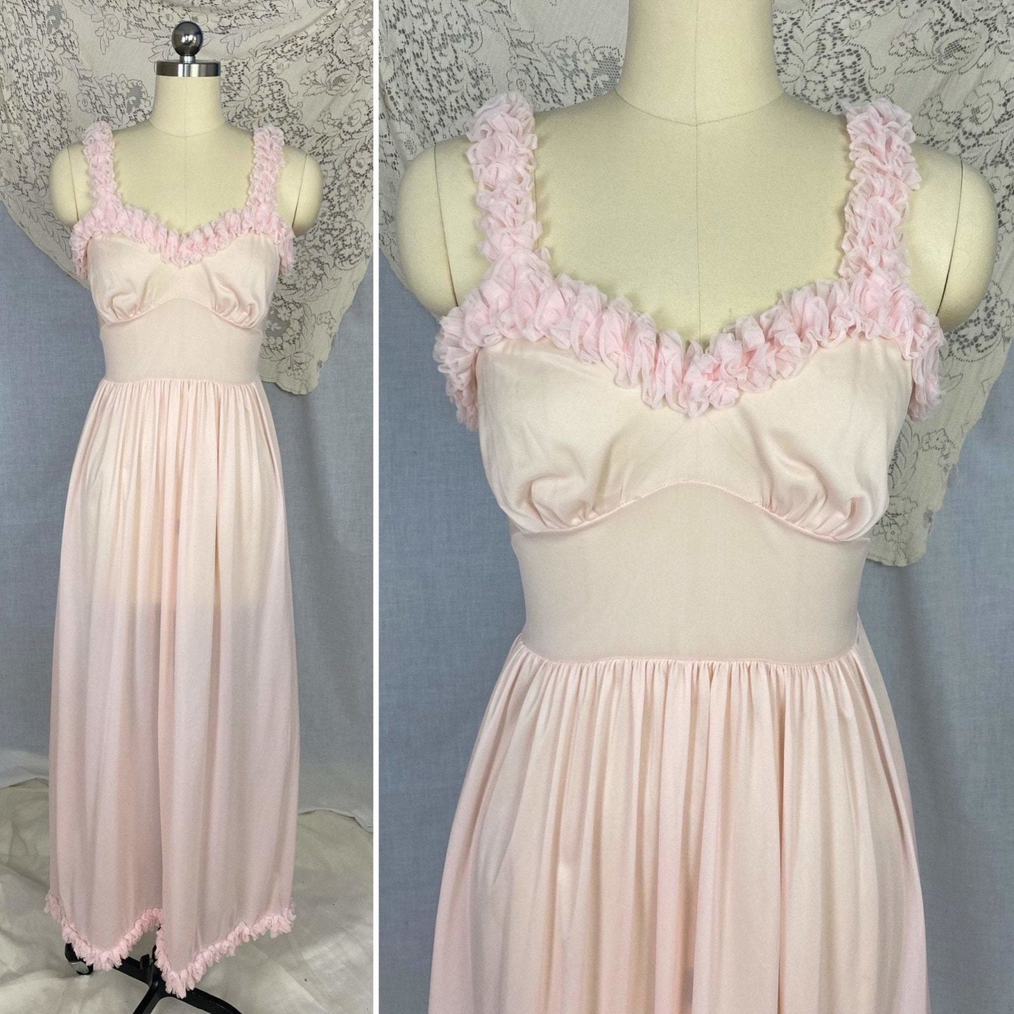 Vintage Peignoir Set | Princess Pink Nylon Chiffon with Ruffles | Size XS, S | Pandora Lingerie - Daggers & Dames