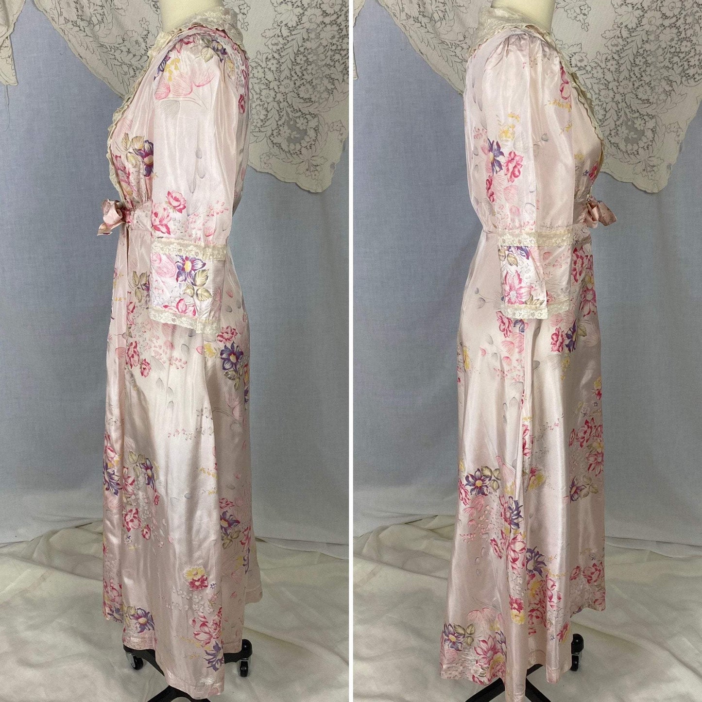 Vintage Robe - 1950's | Pale Rose Pink Taffeta with Bright Floral Print & Ivory Lace | Size XS Petite - Daggers & Dames