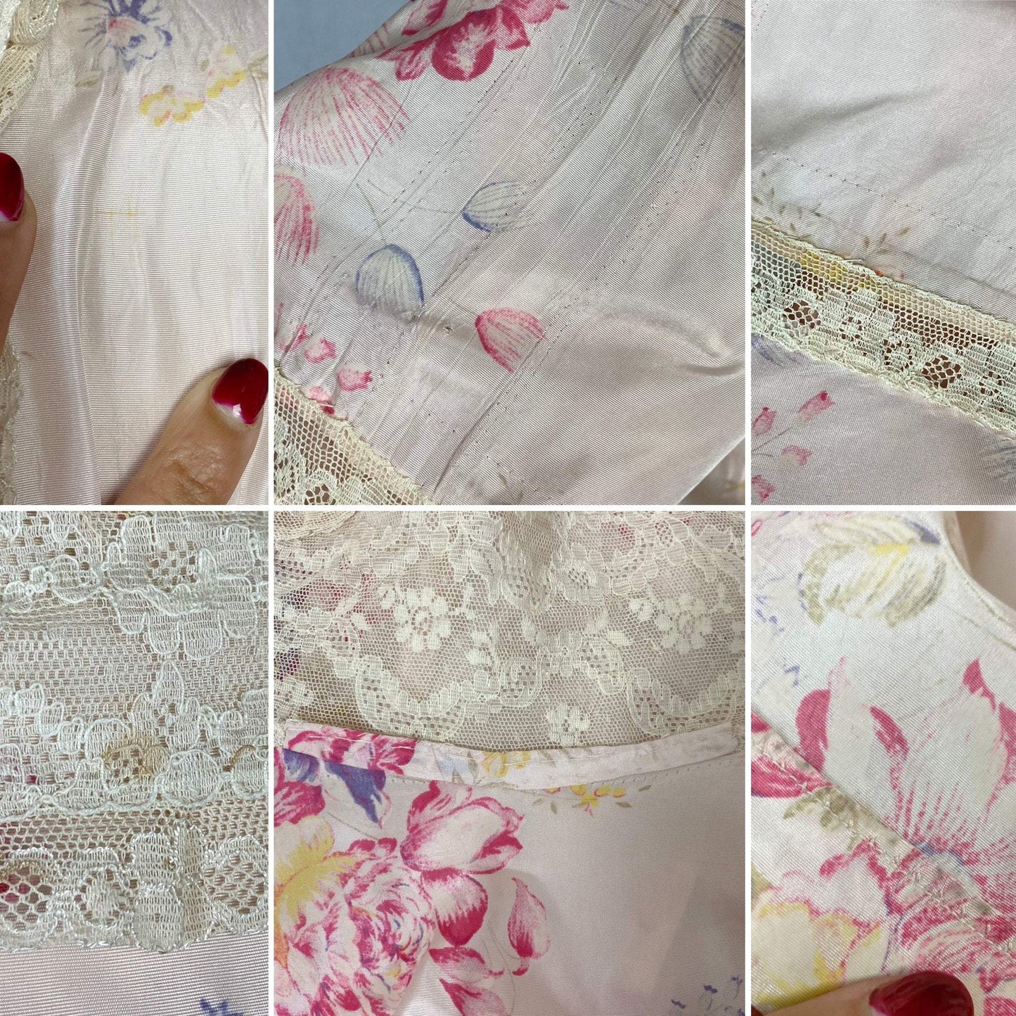 Vintage Robe - 1950's | Pale Rose Pink Taffeta with Bright Floral Print & Ivory Lace | Size XS Petite - Daggers & Dames