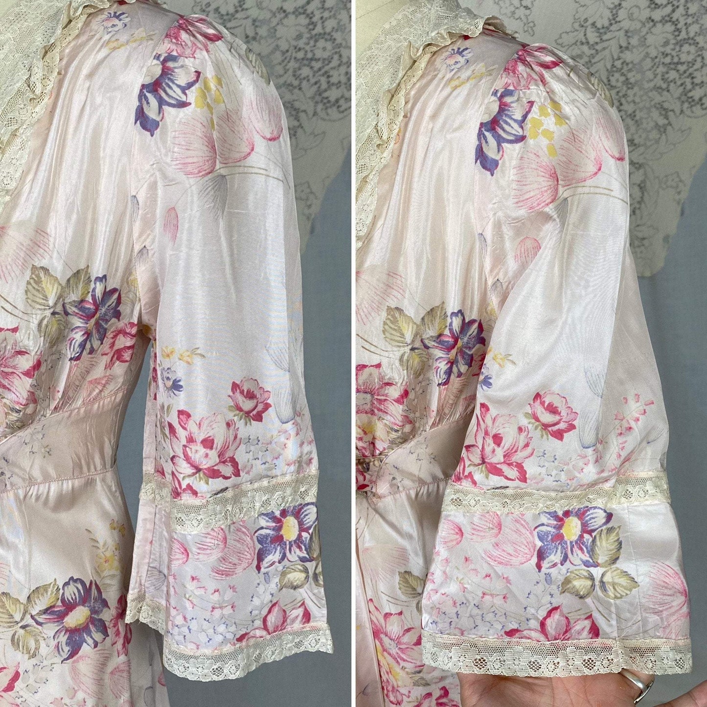 Vintage Robe - 1950's | Pale Rose Pink Taffeta with Bright Floral Print & Ivory Lace | Size XS Petite - Daggers & Dames