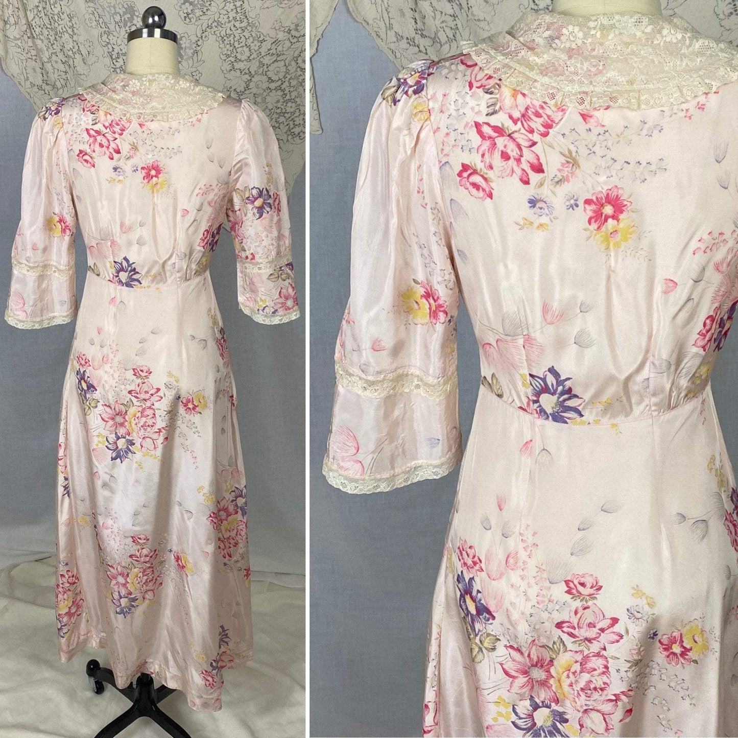 Vintage Robe - 1950's | Pale Rose Pink Taffeta with Bright Floral Print & Ivory Lace | Size XS Petite - Daggers & Dames