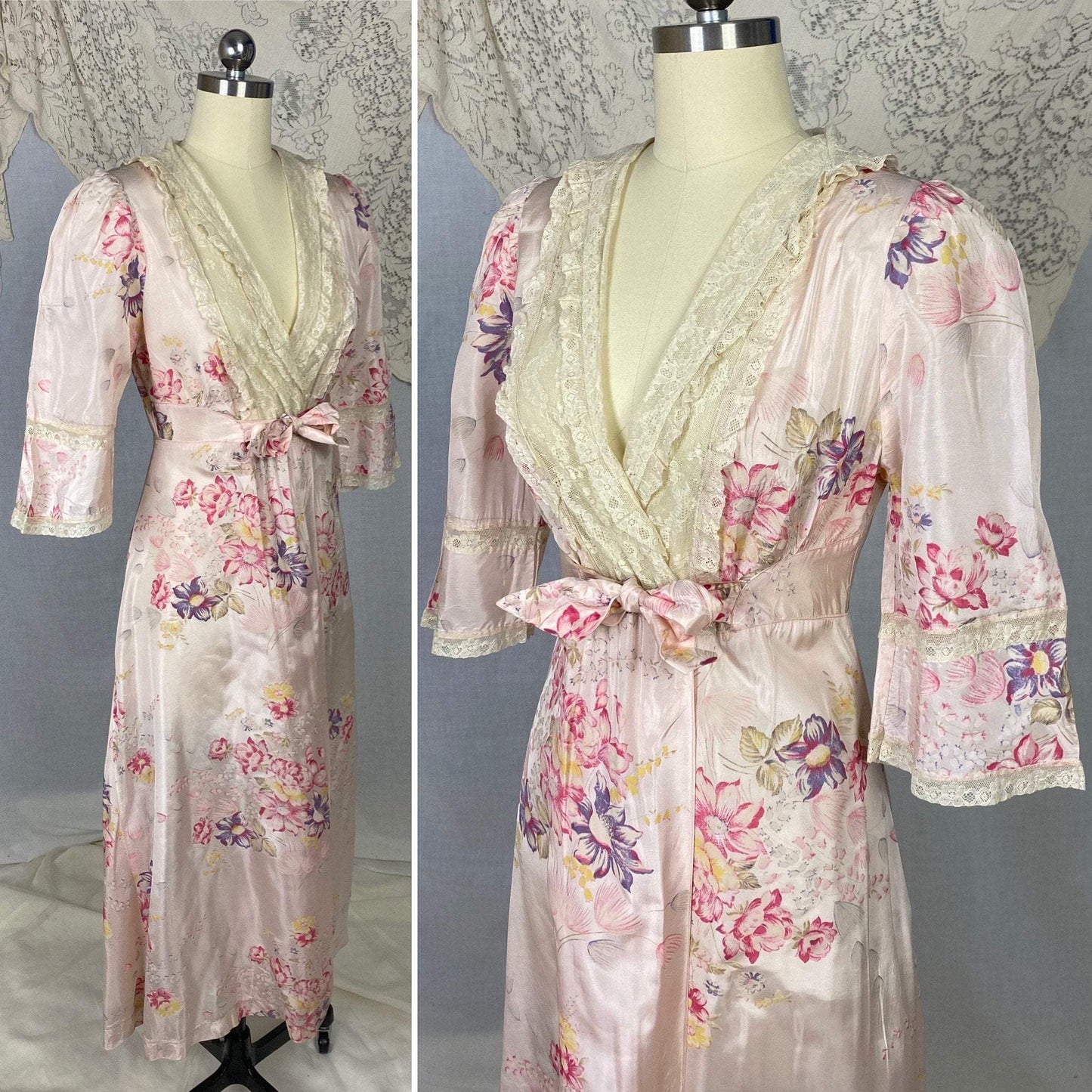 Vintage Robe - 1950's | Pale Rose Pink Taffeta with Bright Floral Print & Ivory Lace | Size XS Petite - Daggers & Dames