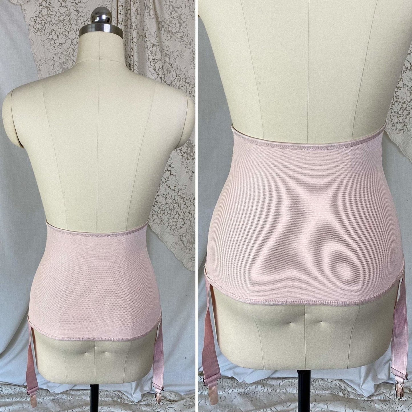 Vintage 's Waist Cincher Girdle | Powder Pink Rayon Satin & Elastic Mesh | Size XS, S | Ecila Made in France - Daggers & Dames