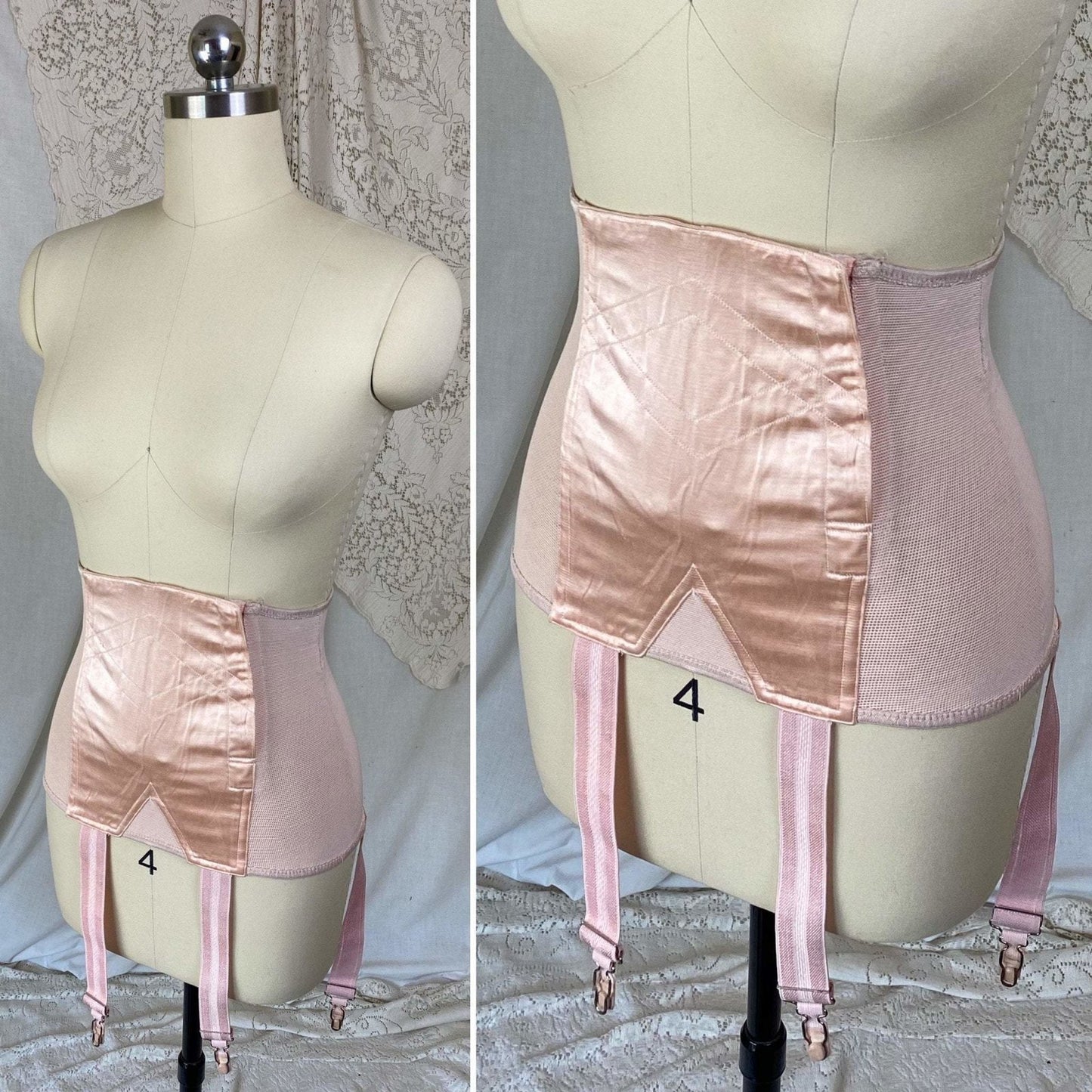 Vintage 's Waist Cincher Girdle | Powder Pink Rayon Satin & Elastic Mesh | Size XS, S | Ecila Made in France - Daggers & Dames