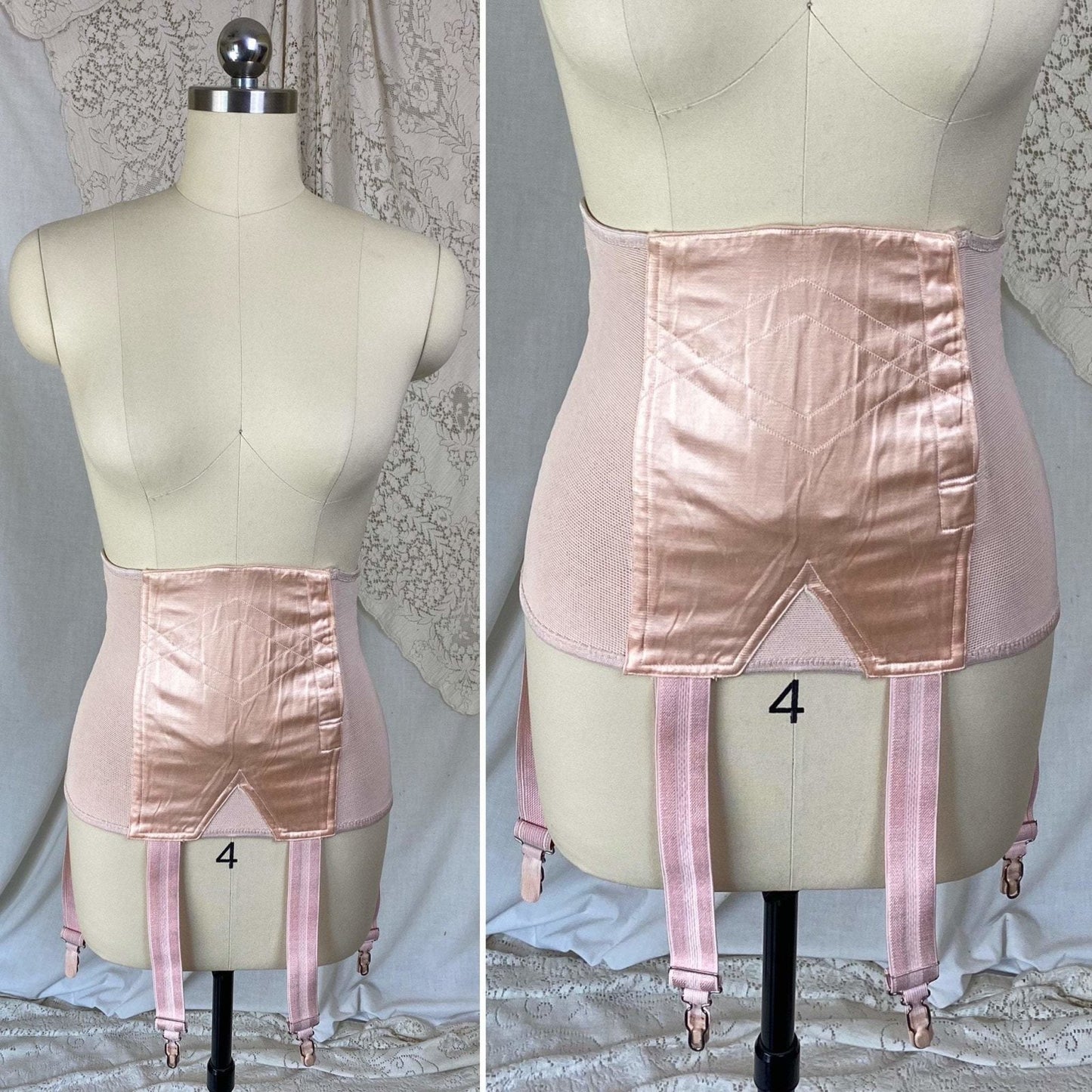 Vintage 's Waist Cincher Girdle | Powder Pink Rayon Satin & Elastic Mesh | Size XS, S | Ecila Made in France - Daggers & Dames