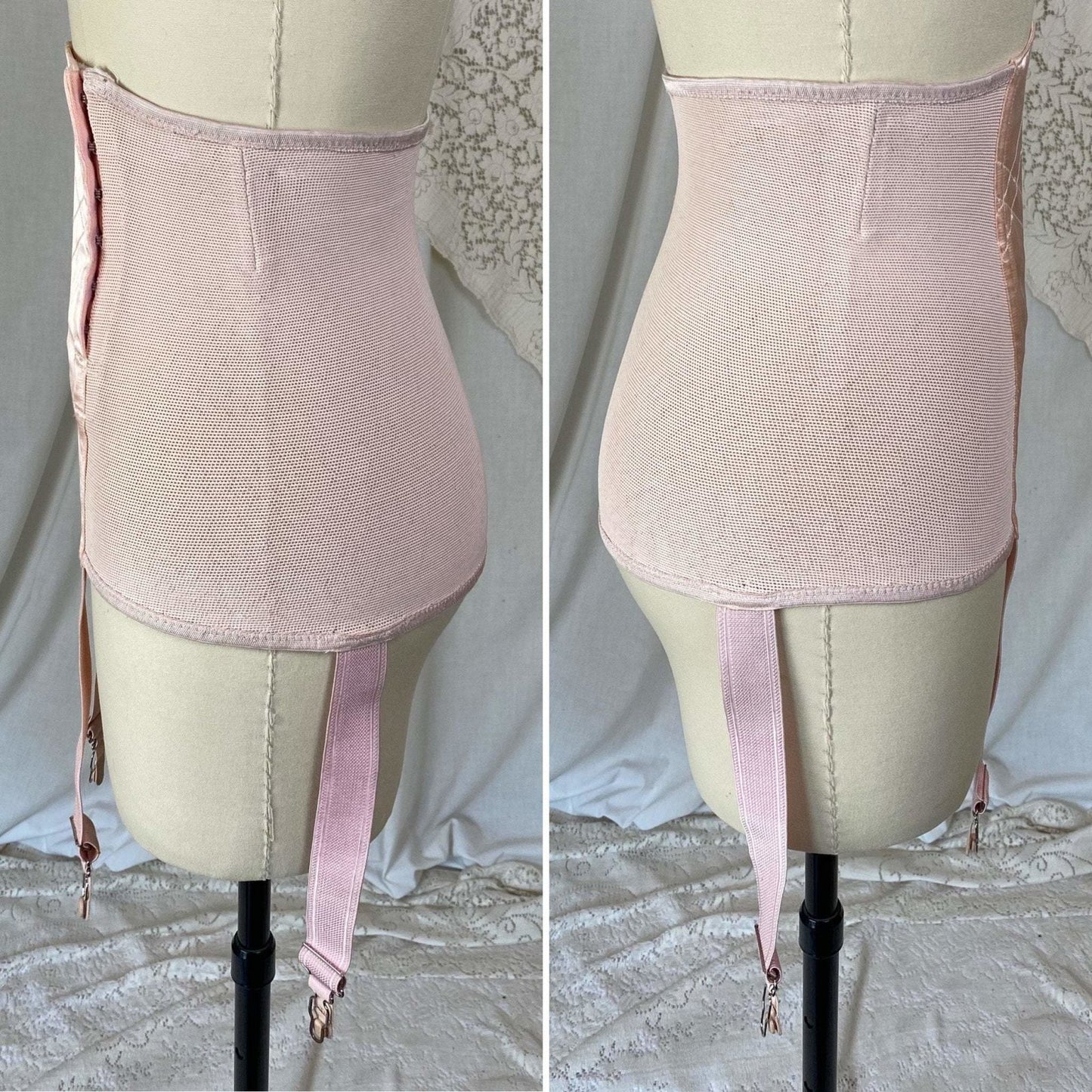 Vintage 's Waist Cincher Girdle | Powder Pink Rayon Satin & Elastic Mesh | Size XS, S | Ecila Made in France - Daggers & Dames