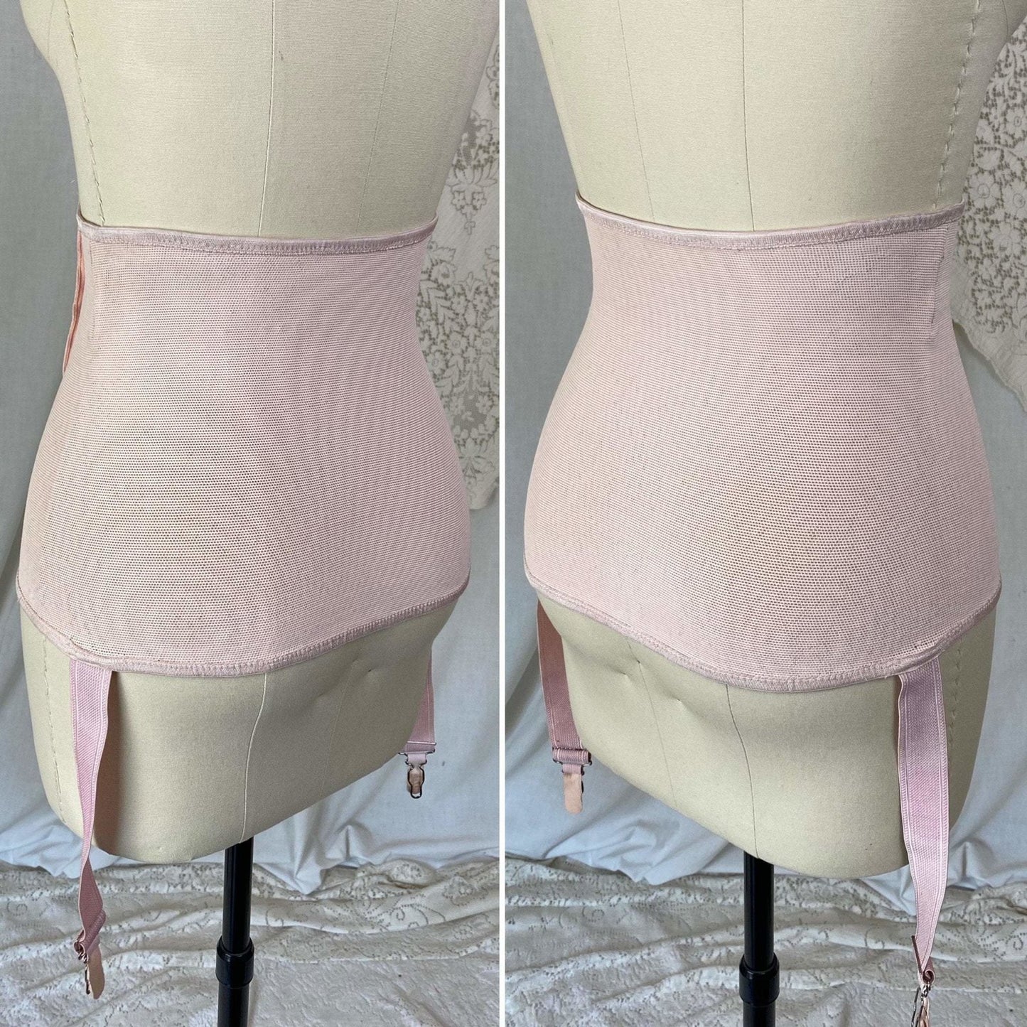 Vintage 's Waist Cincher Girdle | Powder Pink Rayon Satin & Elastic Mesh | Size XS, S | Ecila Made in France - Daggers & Dames