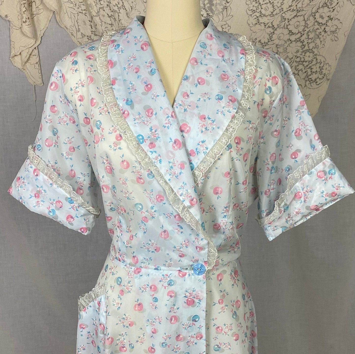 Vintage Seersucker Robe - 1950's | Semi Sheer Dusty Blue Nylon with Cherry Print & Chiffon Lace | Size LG, XLG - Daggers & Dames