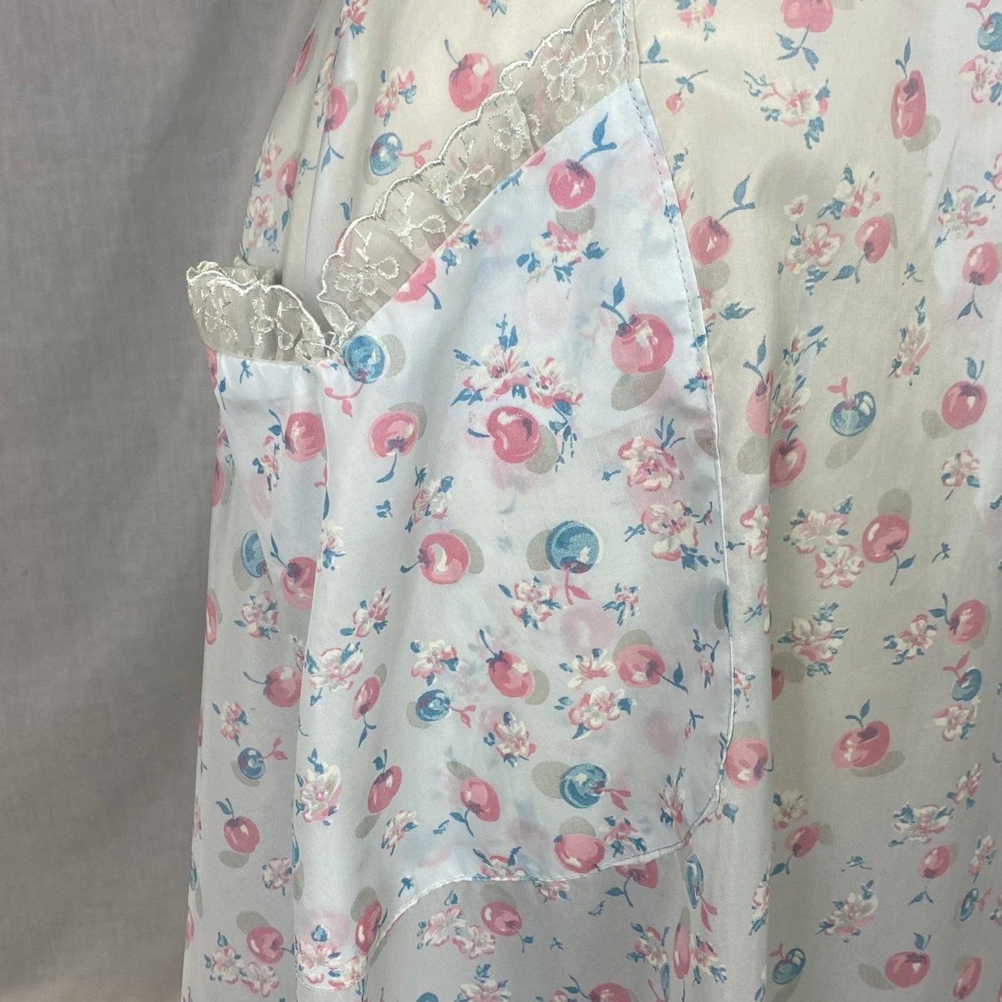 Vintage Seersucker Robe - 1950's | Semi Sheer Dusty Blue Nylon with Cherry Print & Chiffon Lace | Size LG, XLG - Daggers & Dames