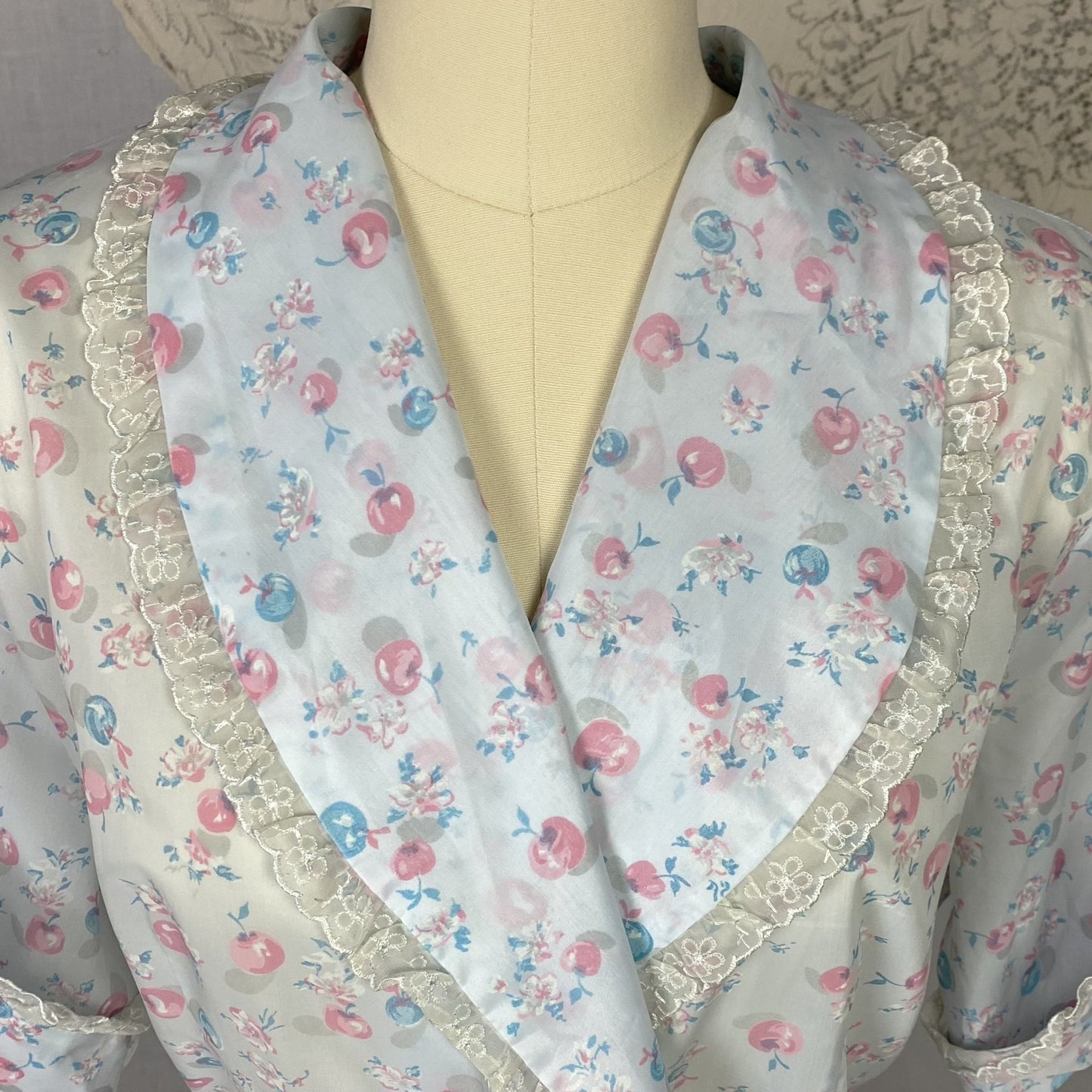 Vintage Seersucker Robe - 1950's | Semi Sheer Dusty Blue Nylon with Cherry Print & Chiffon Lace | Size LG, XLG - Daggers & Dames