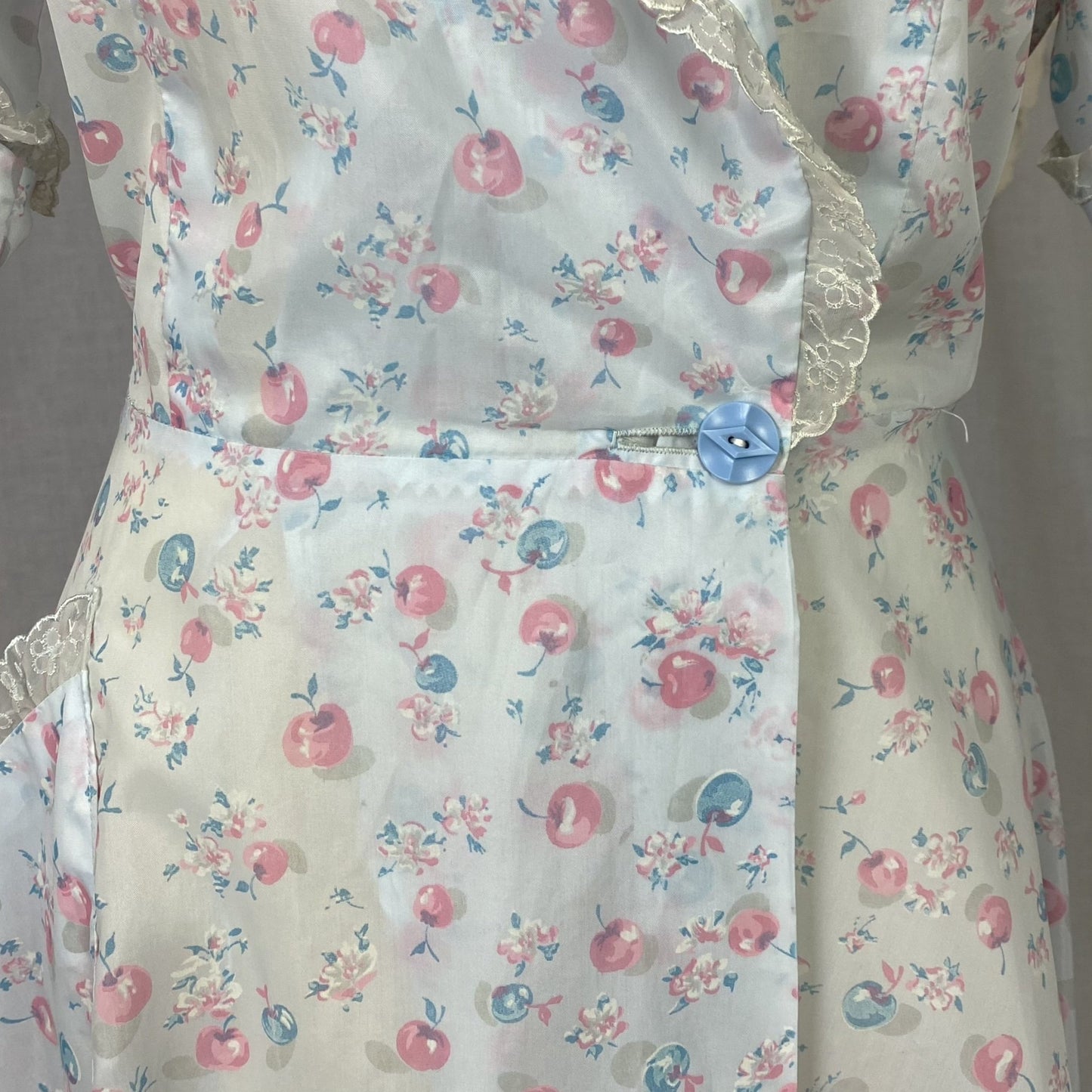 Vintage Seersucker Robe - 1950's | Semi Sheer Dusty Blue Nylon with Cherry Print & Chiffon Lace | Size LG, XLG - Daggers & Dames