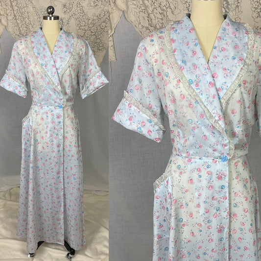 Vintage Seersucker Robe - 1950's | Semi Sheer Dusty Blue Nylon with Cherry Print & Chiffon Lace | Size LG, XLG - Daggers & Dames