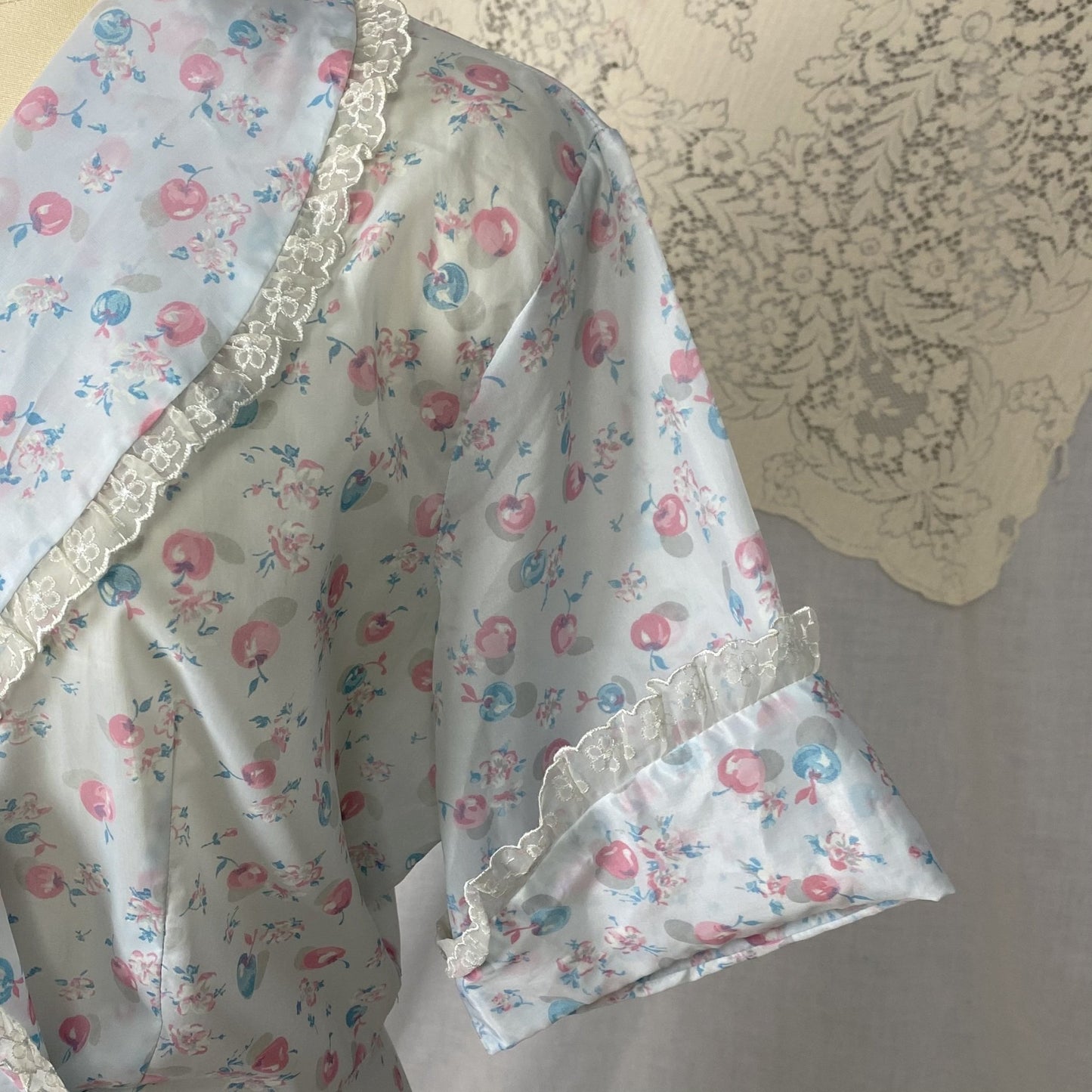 Vintage Seersucker Robe - 1950's | Semi Sheer Dusty Blue Nylon with Cherry Print & Chiffon Lace | Size LG, XLG - Daggers & Dames