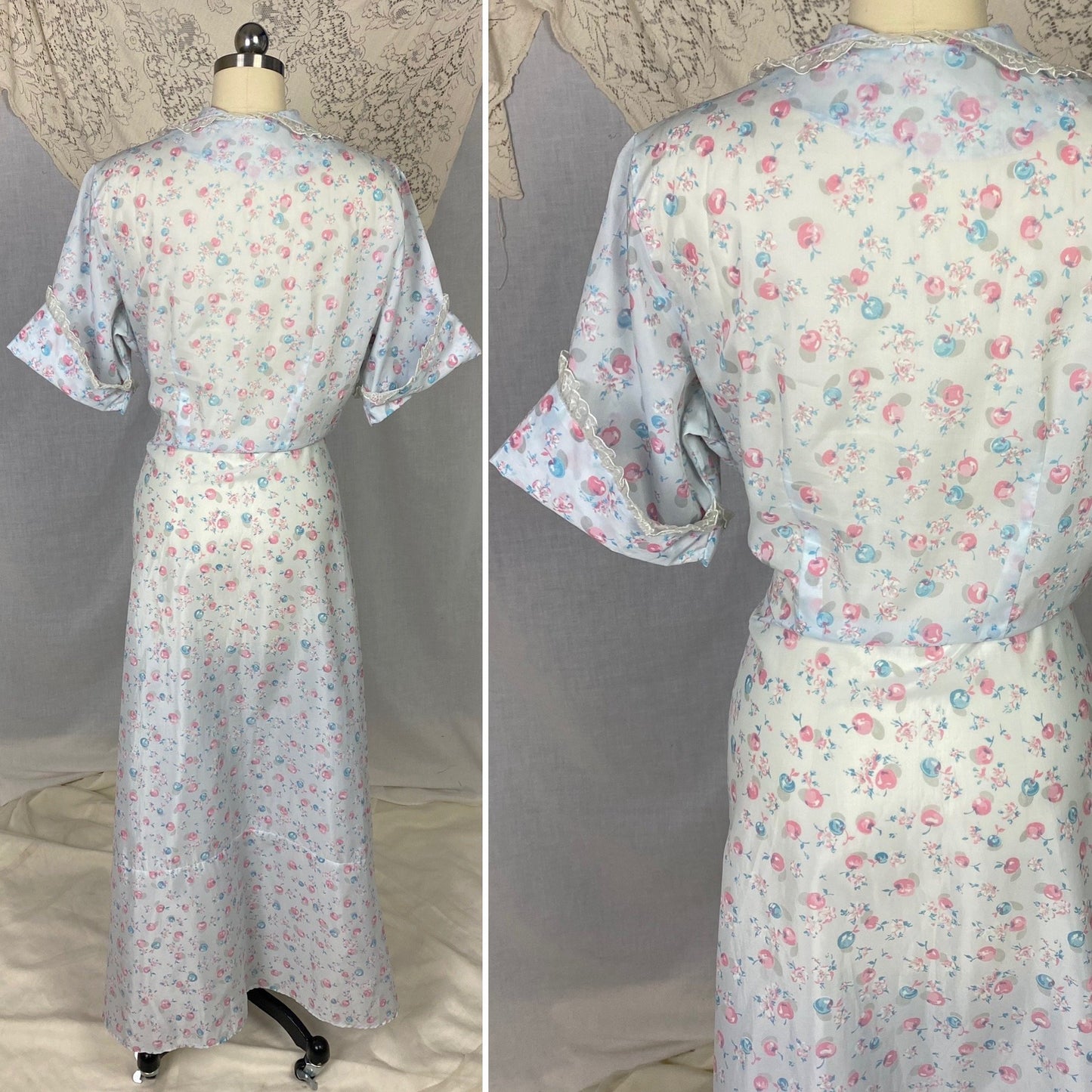 Vintage Seersucker Robe - 1950's | Semi Sheer Dusty Blue Nylon with Cherry Print & Chiffon Lace | Size LG, XLG - Daggers & Dames