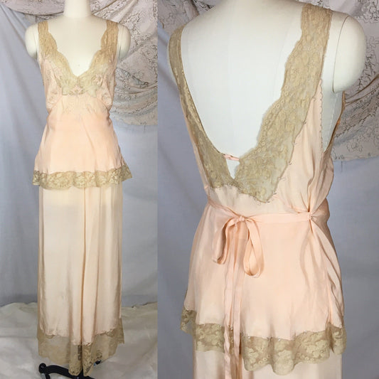 Vintage 1930's Hand Sewn Peach Silk Pajamas, Rare NRA Label - Daggers & Dames