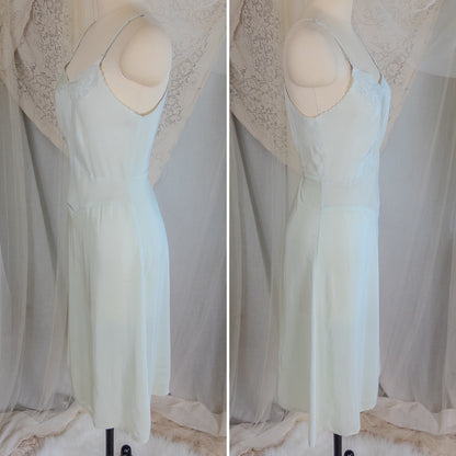 1940's Slip - Mint Green Cold Rayon with Bow Embroidery by Corette | Small, Medium