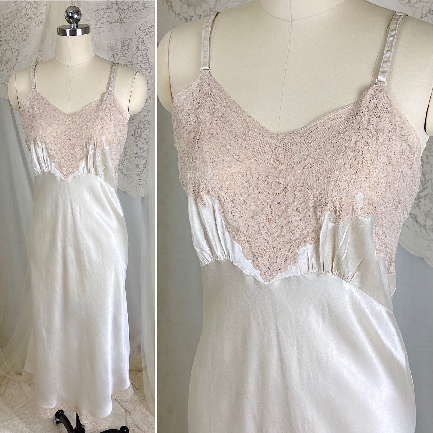 Vintage 1940's Golden Taupe Silk Satin Slip with Cotton Lace by Lady Lynn, Size M, LG