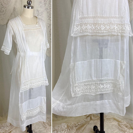 1910's Edwardian Day Dress - Semi Sheer Cotton Batiste with Bobbin Lace & Apron Yoke - Size XXS - Daggers & Dames