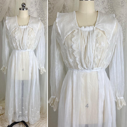 1910's Edwardian Day Dress - Sheer White Organdy with Cotton Tulle & Floral Embroidery - Size S - Daggers & Dames