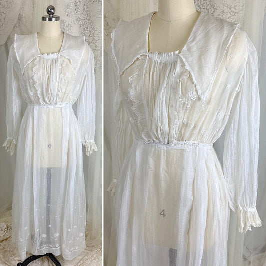 1910's Edwardian Day Dress - Sheer White Organdy with Cotton Tulle & Floral Embroidery - Size S - Daggers & Dames