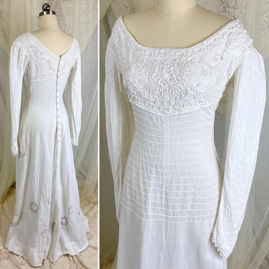 1910's Edwardian Dress - White Heavy Cotton with Elaborate Soutache Embroidery & Pintuck Stitching - Size M - Daggers & Dames
